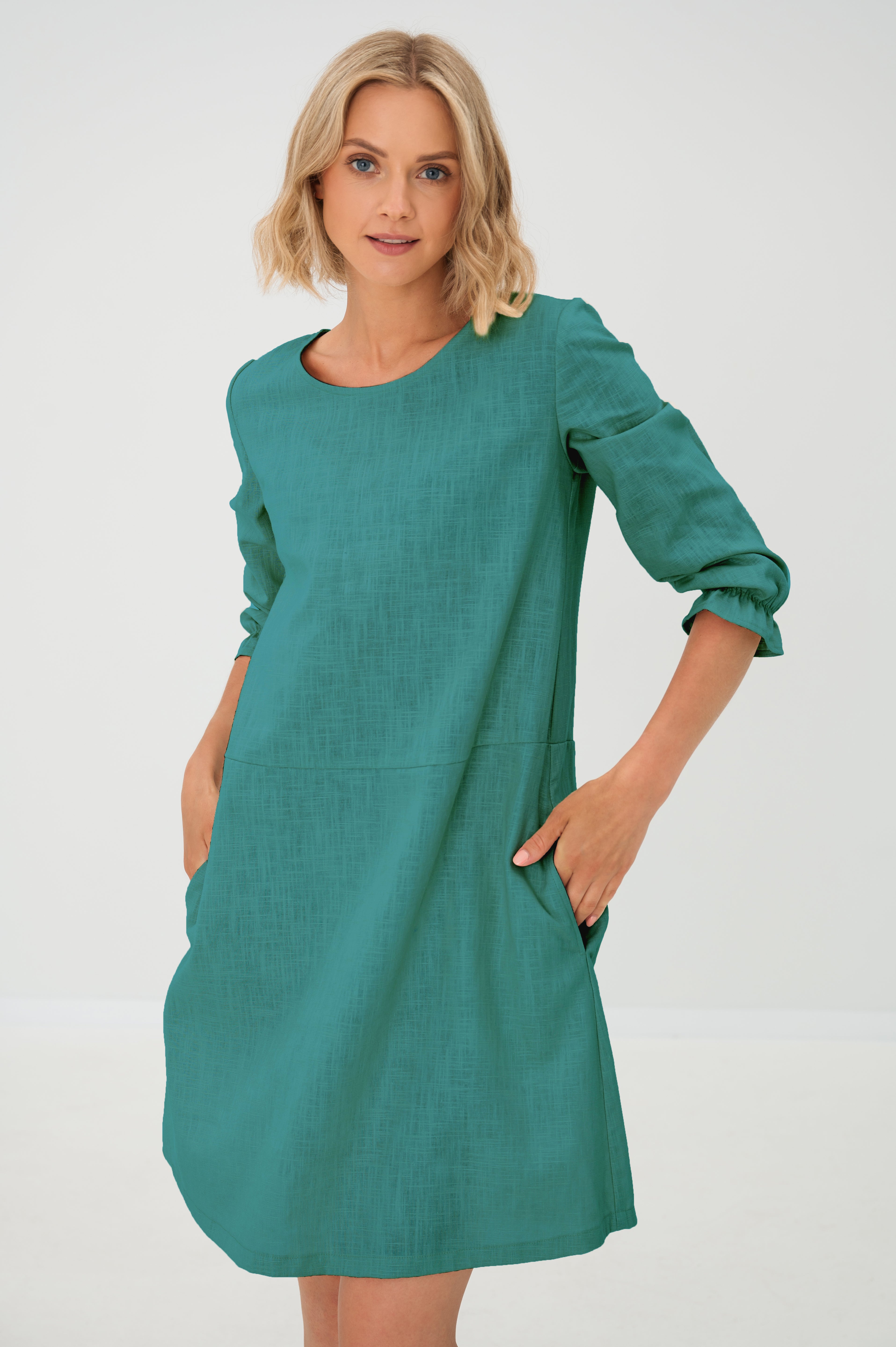 Linen dress EMMA — Stonewashed Linen with Pockets Teal#Color_Teal