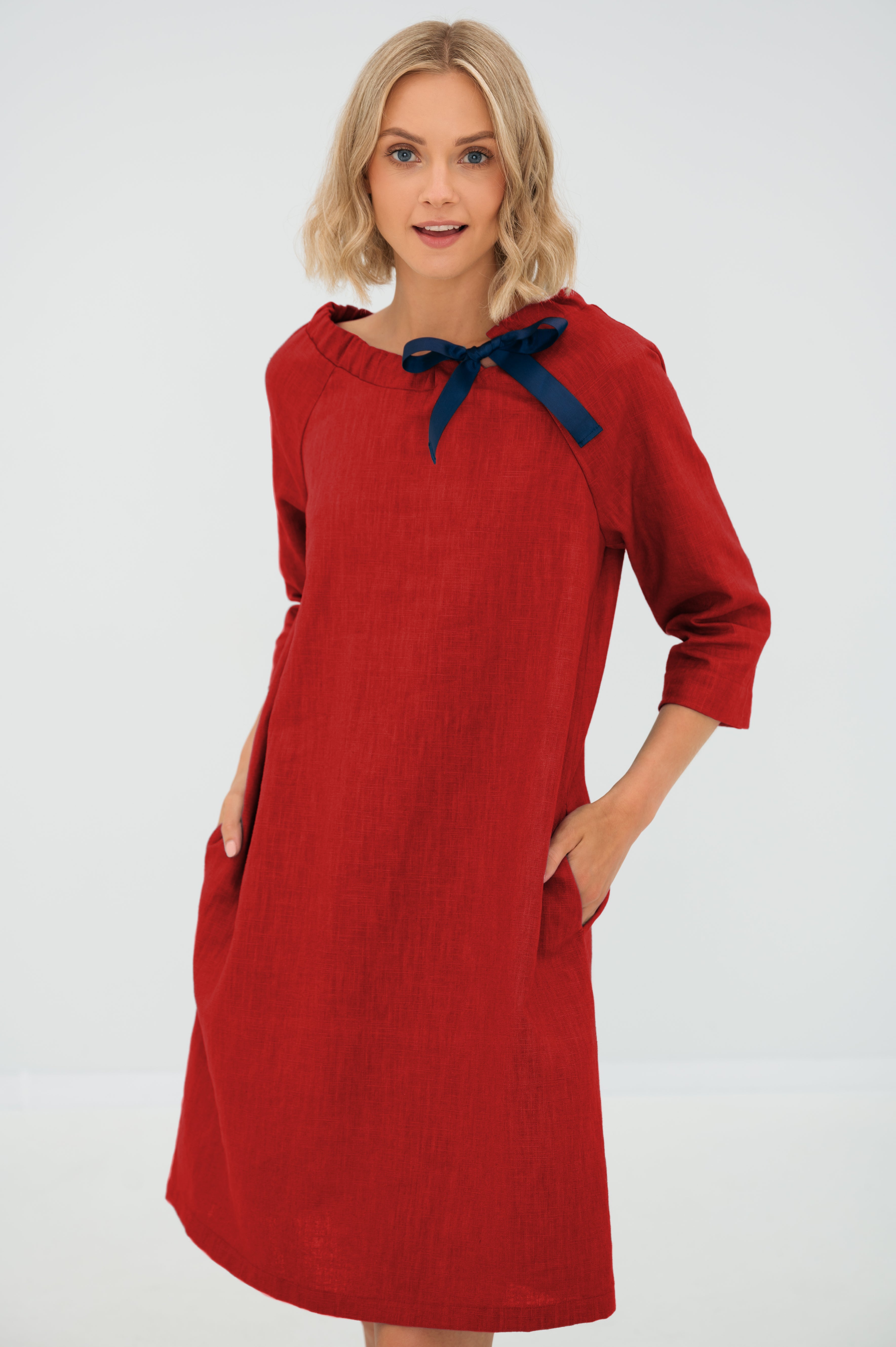 Linen dress FRENCH — Stonewashed Linen with an Adjustable Bow Red#Color_Red