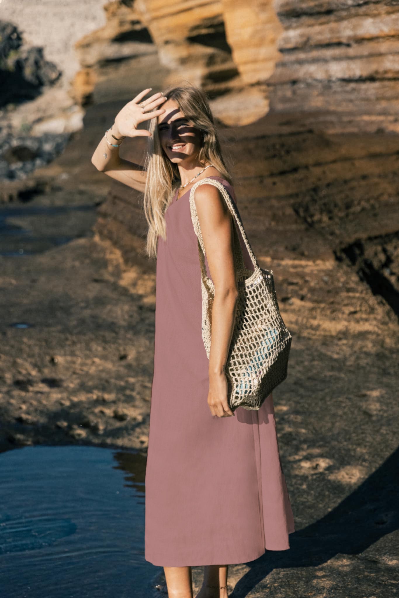 SUNSET — Sleeveless V-Neck Linen Midi Dress
