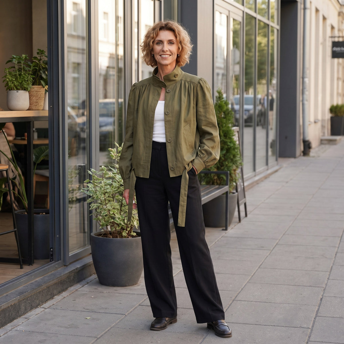 A woman stands on a city sidewalk wearing an olive green jacket with a stand collar and tie belt, paired with black wide-leg trousers and a white top.