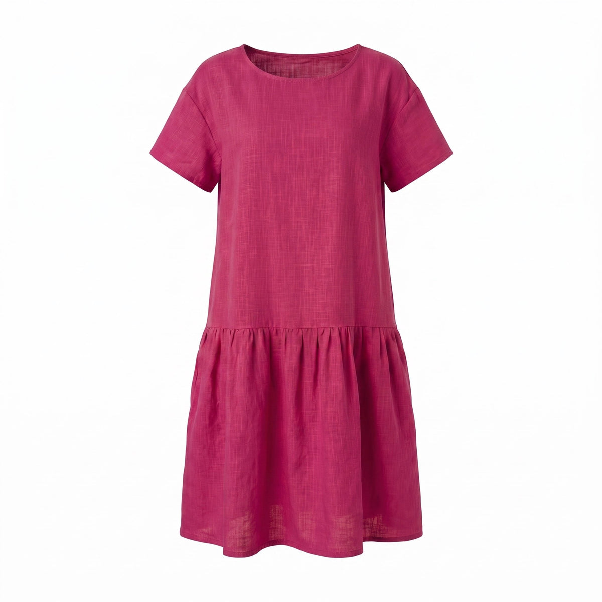 A short-sleeve, tiered linen dress in a vibrant magenta pink, shown against a plain white background.