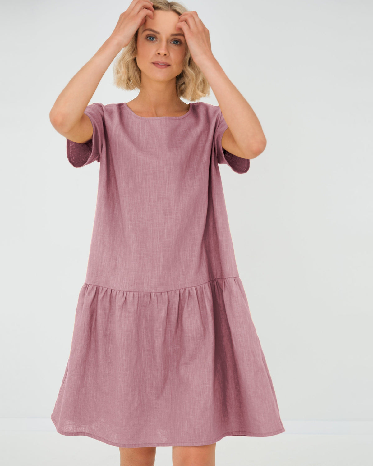 LeMuse BLOSSOM linen dress in dusty rose – studio front #Color_Dusty rose