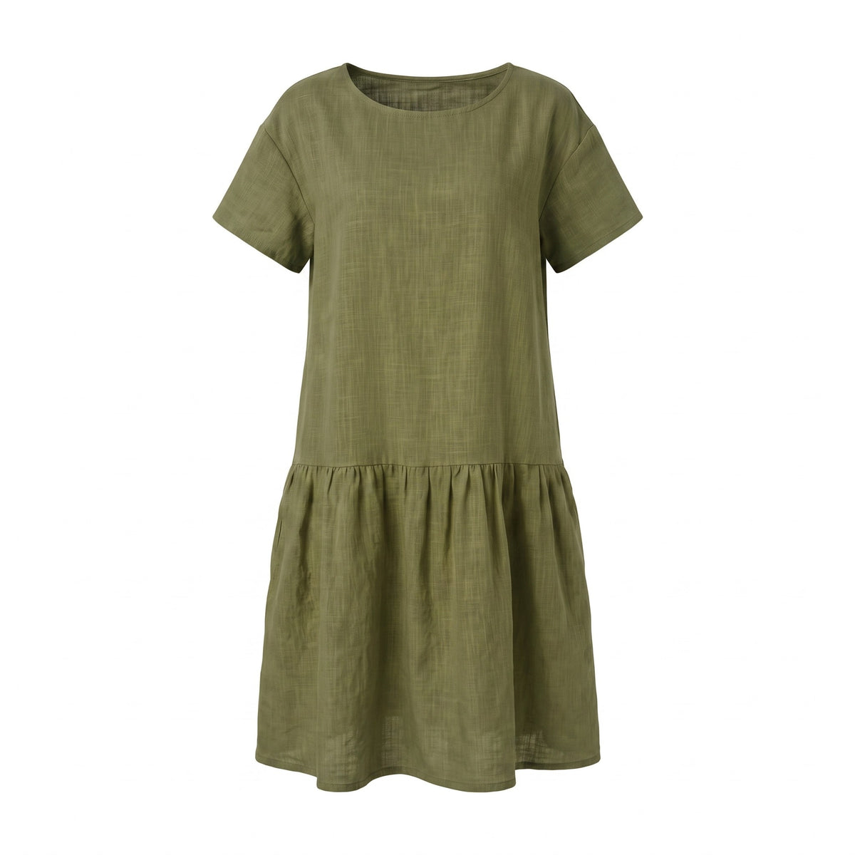 An olive green short-sleeve linen dress with a tiered ruffle hem, shown against a plain white background.