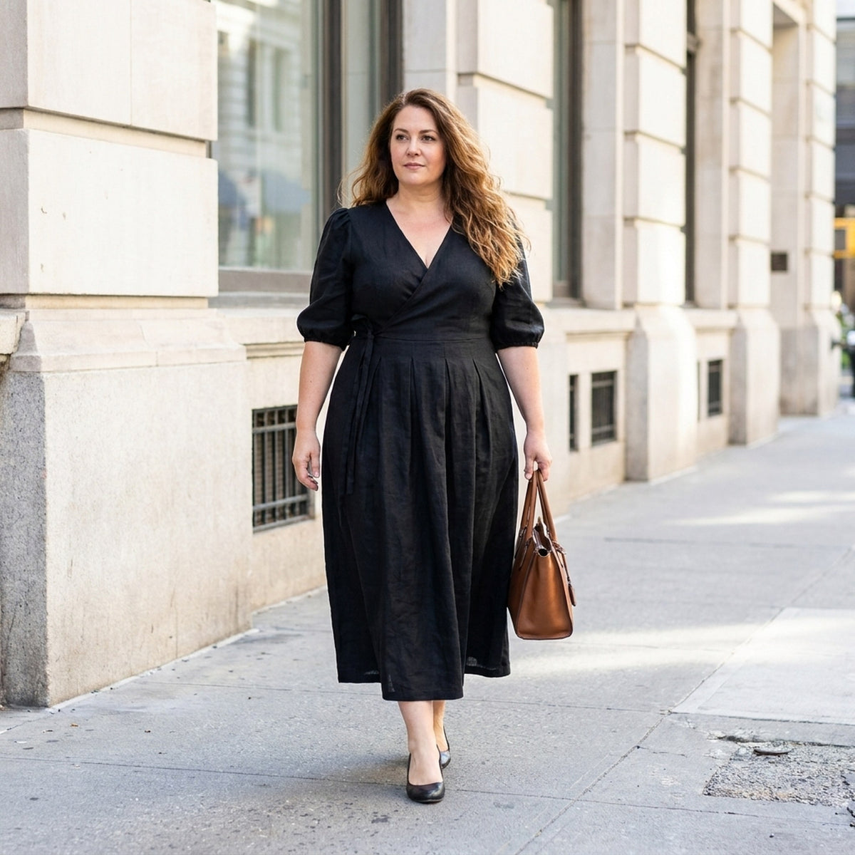 A woman walks on a city sidewalk wearing a black midi wrap dress with short puff sleeves and a matching belt. She is carrying a brown leather handbag and wearing black heels, set against a beige stone building background.