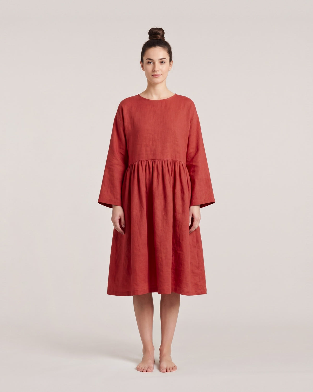CANDY – Linen Blend Long Sleeve Gathered Dress – Red suknelė, priekis #Color_Red