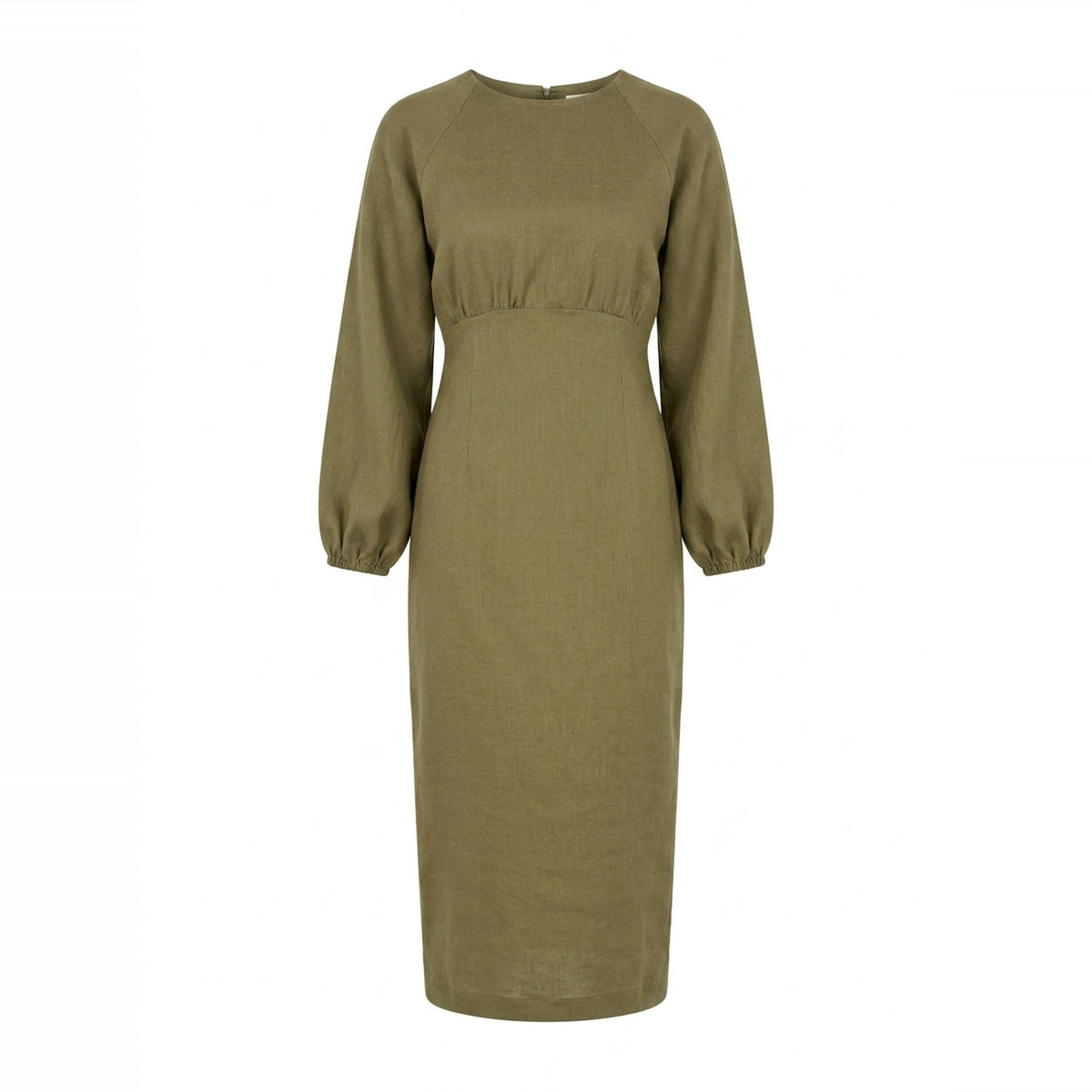 An olive green long-sleeve midi dress with a gathered waist and raglan sleeves, shown on a plain white background.