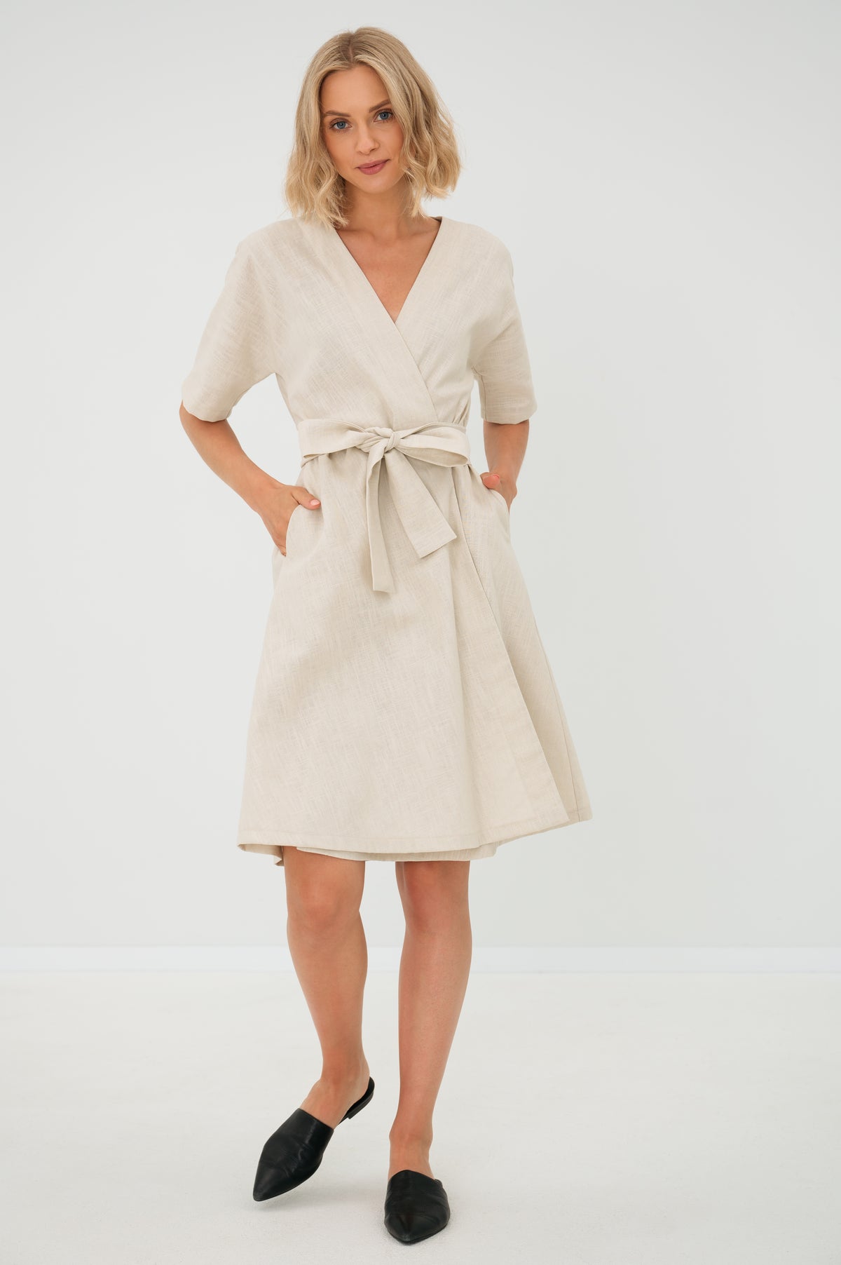 LeMuse CHLOE linen dress in beige – studio front full length #Color_Beige