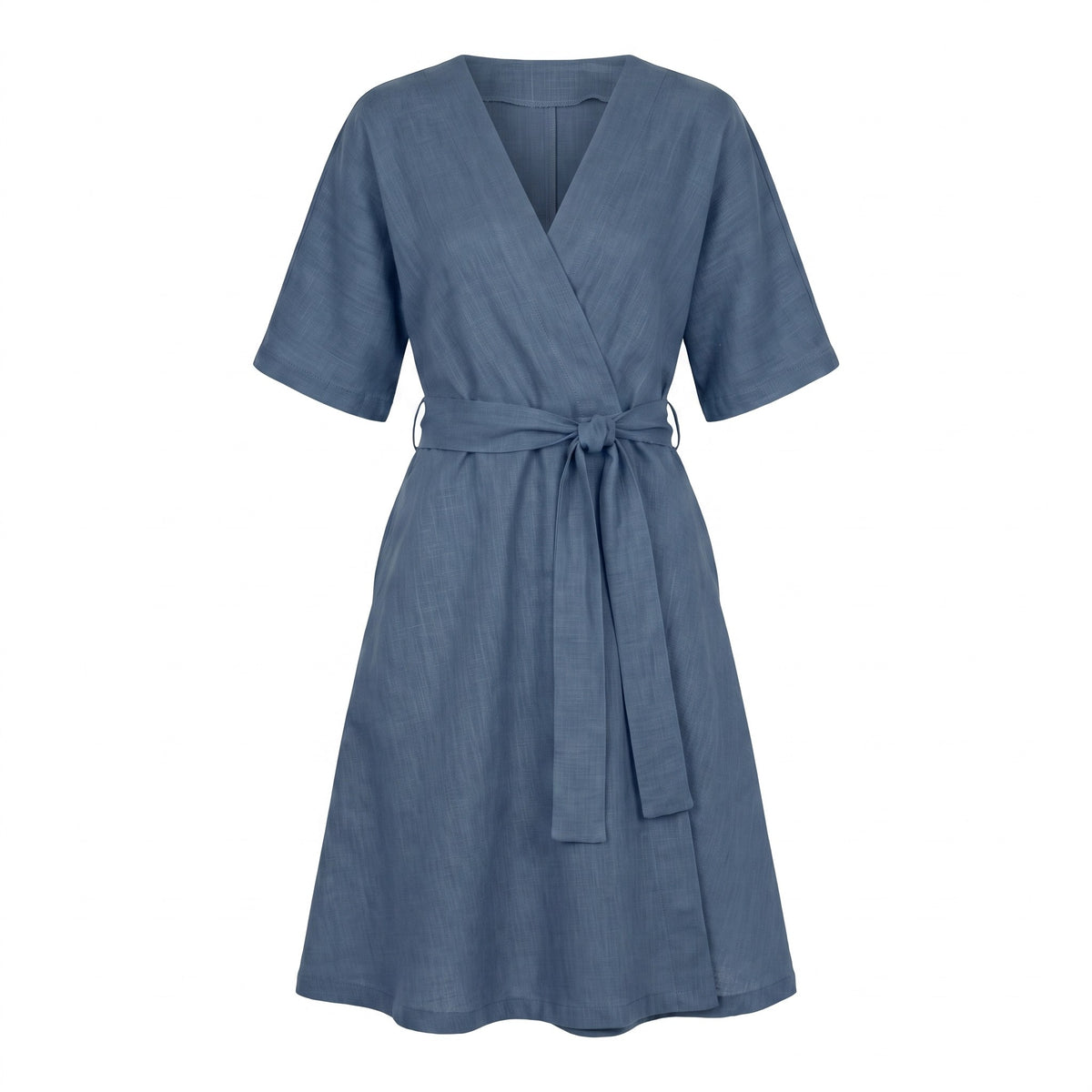 A slate blue linen wrap dress with short sleeves, a V-neckline, and a matching fabric tie belt at the waist, shown against a plain white background.