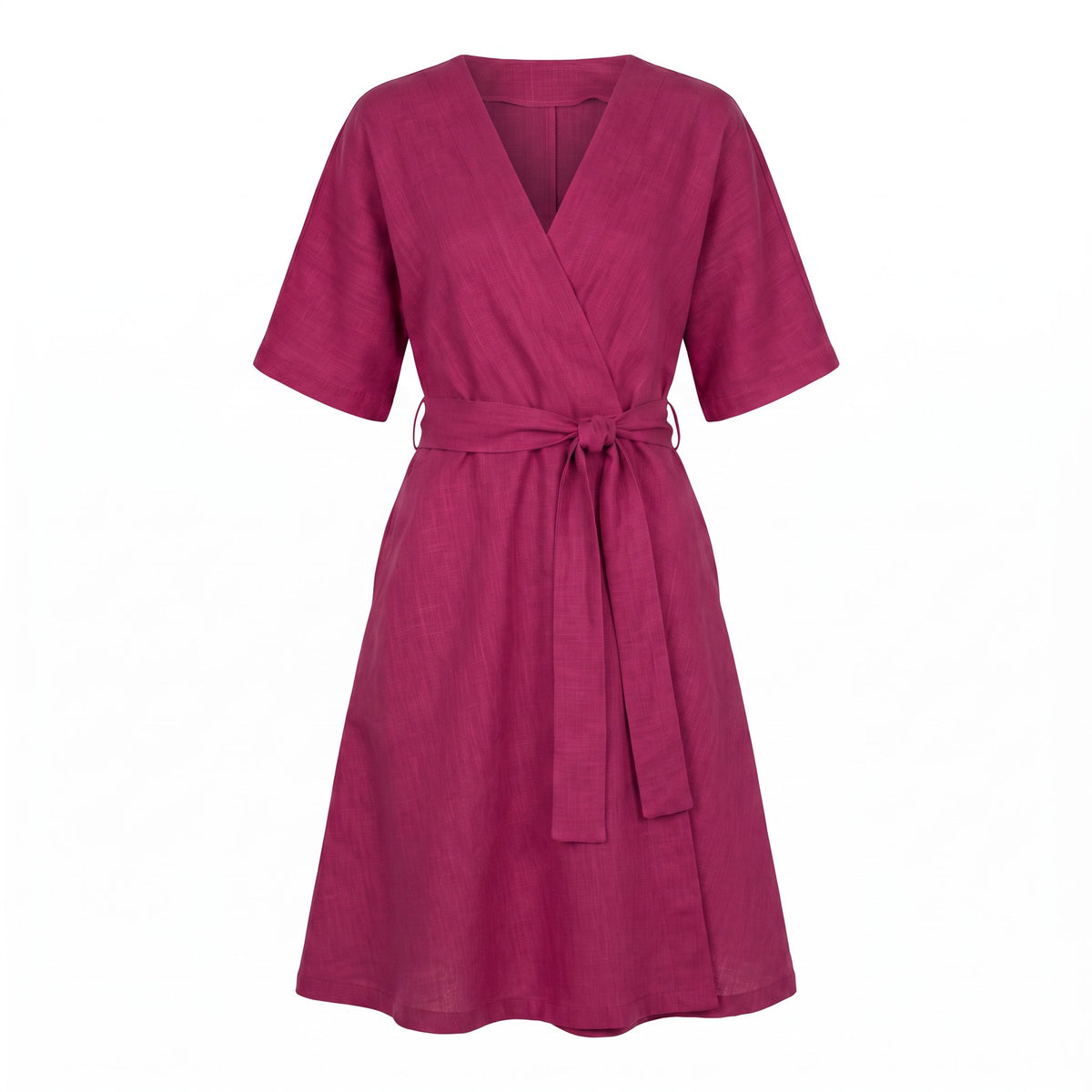A magenta wrap dress with short sleeves, a V-neckline, and a matching waist tie, shown against a plain white background.