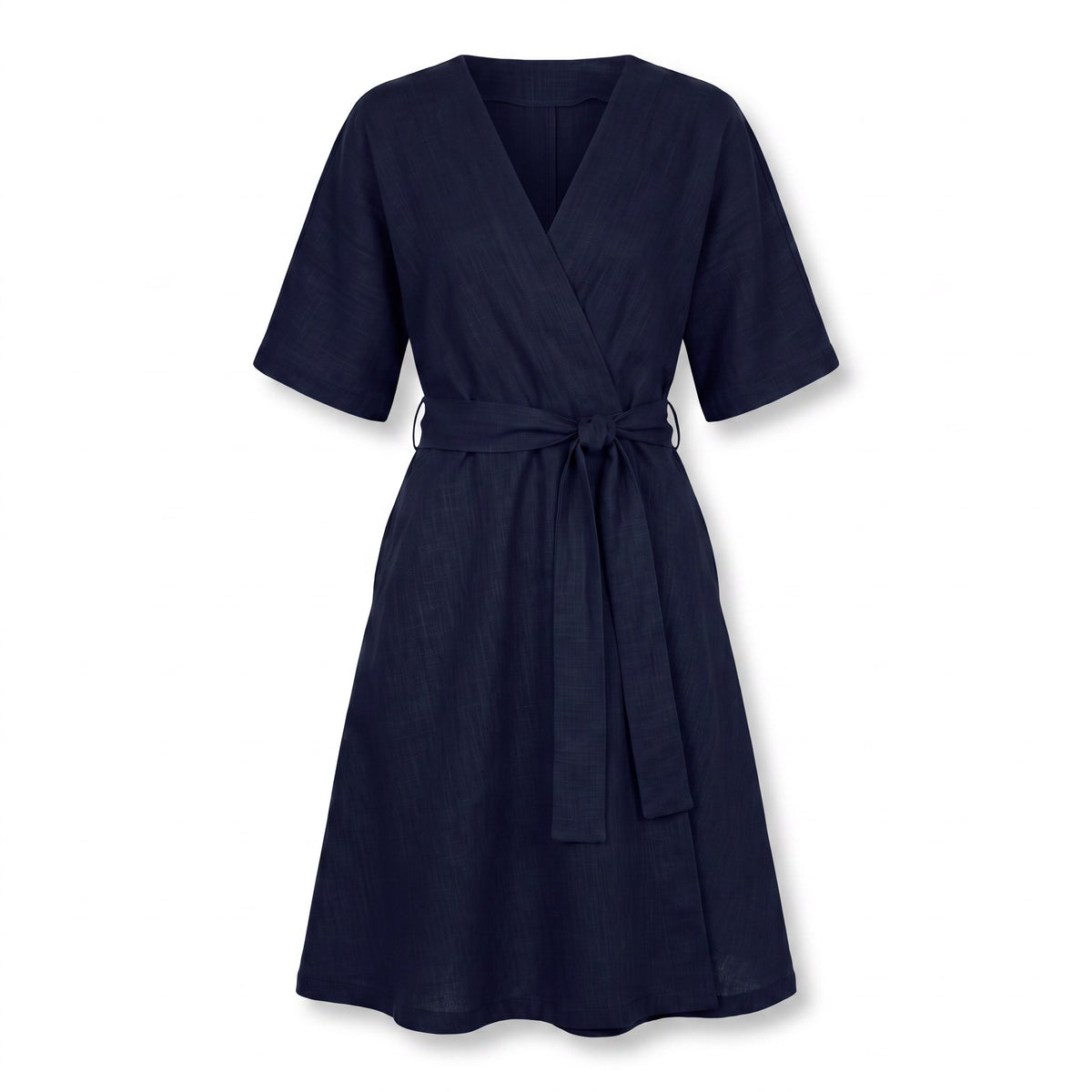 A navy blue short-sleeve wrap dress with a matching tie belt, displayed on a clean white background.
