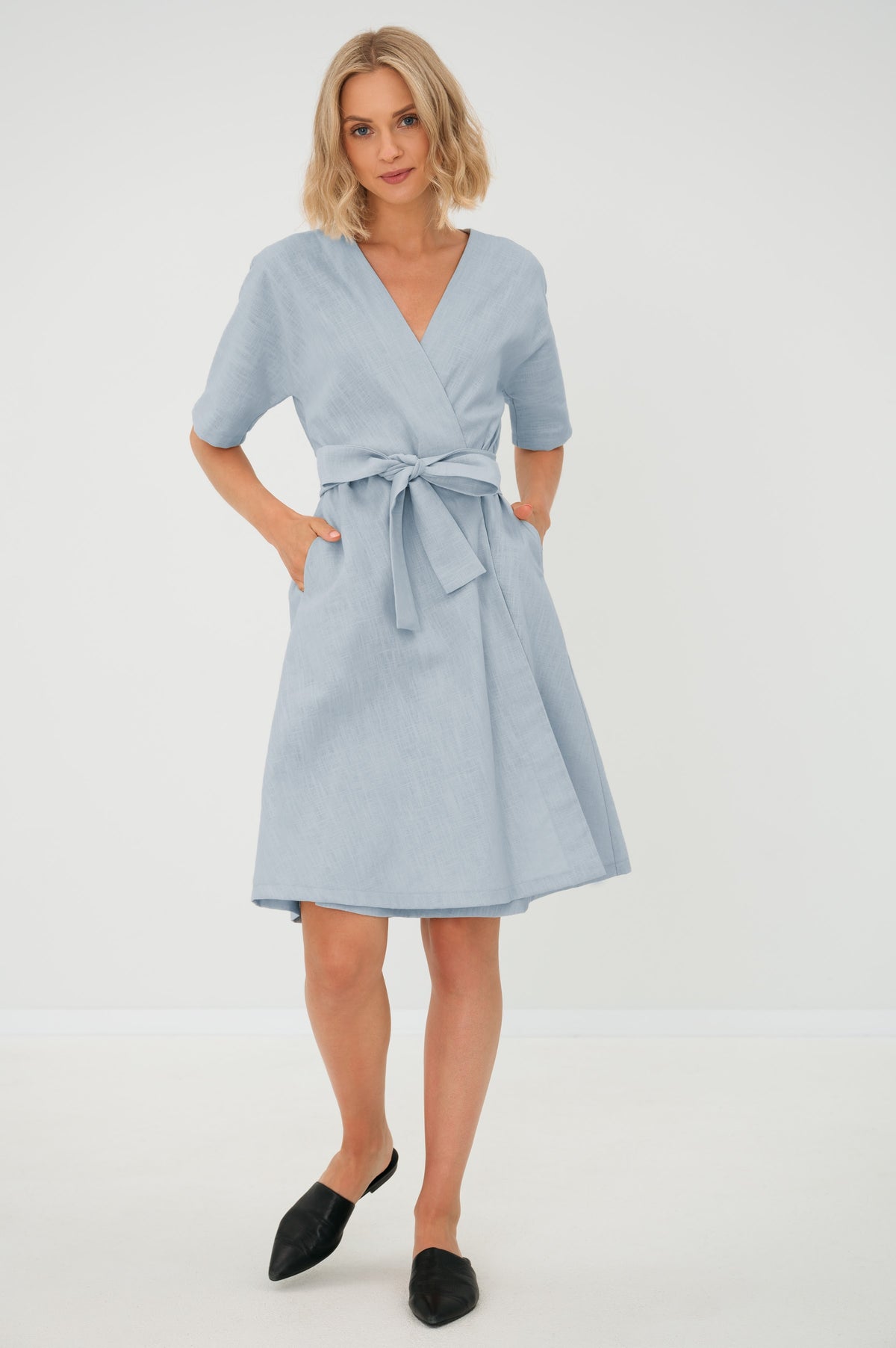LeMuse CHLOE linen dress in light blue – studio front full length #Color_Light blue