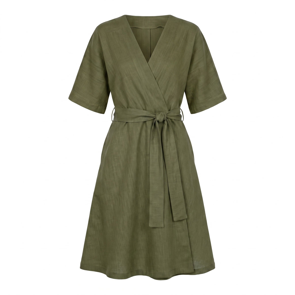 An olive green linen wrap dress with short sleeves, a V-neckline, and a matching waist tie, shown against a plain white background.
