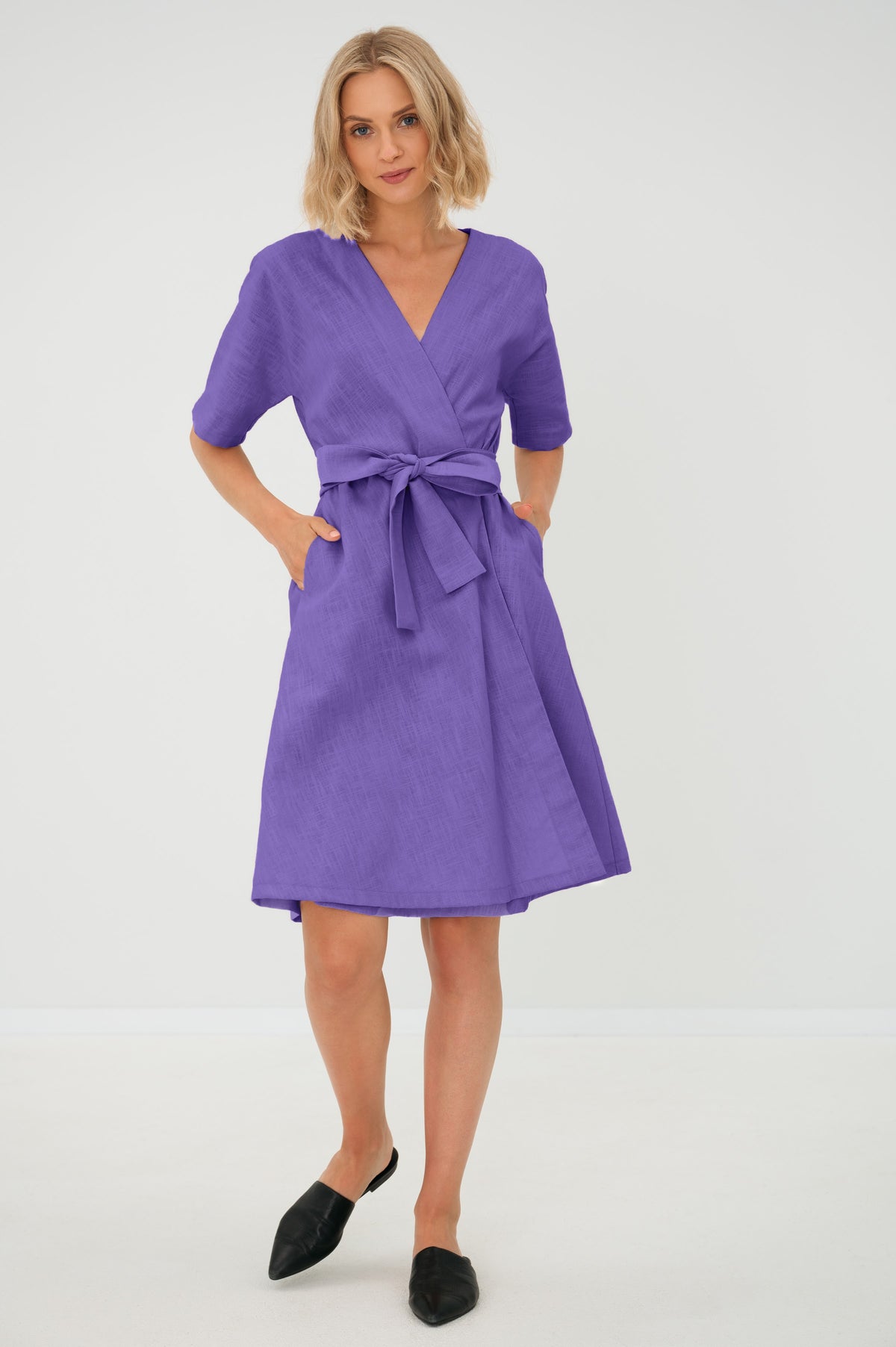 LeMuse CHLOE linen dress in purple – studio front full length #Color_Purple