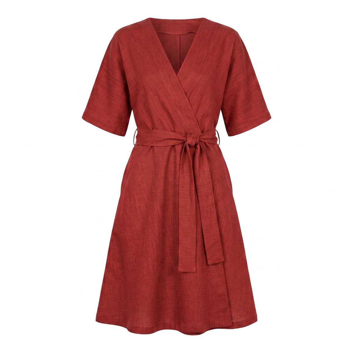 A rust-red linen wrap dress with short sleeves, a V-neckline, and a matching waist tie, shown on a plain white background.