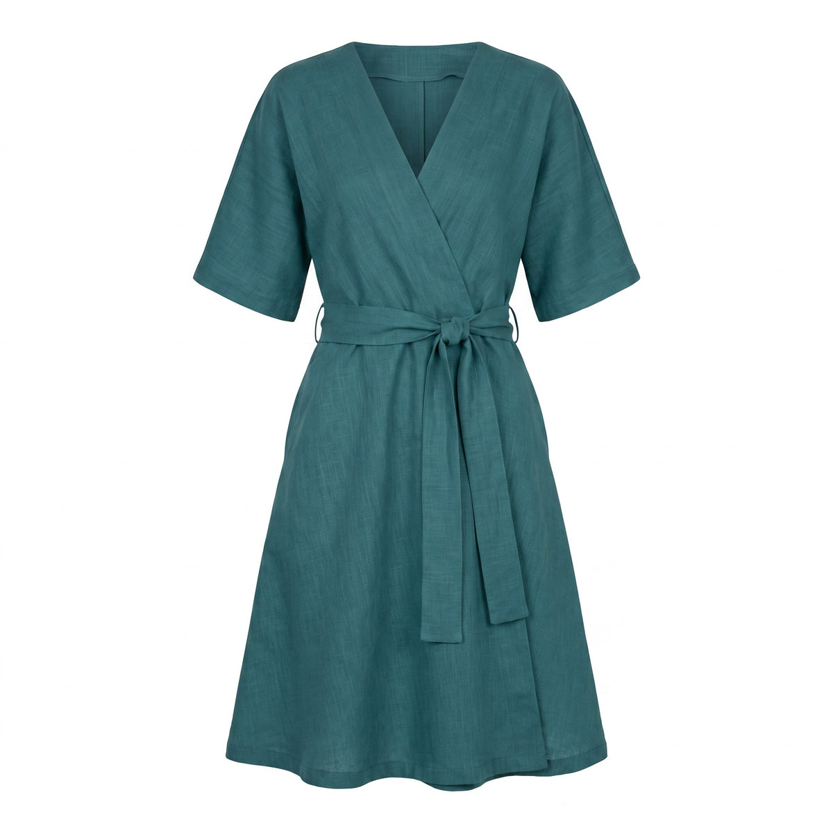 A teal green linen wrap dress with short sleeves, a V-neckline, and a matching fabric tie belt at the waist, shown against a plain white background.