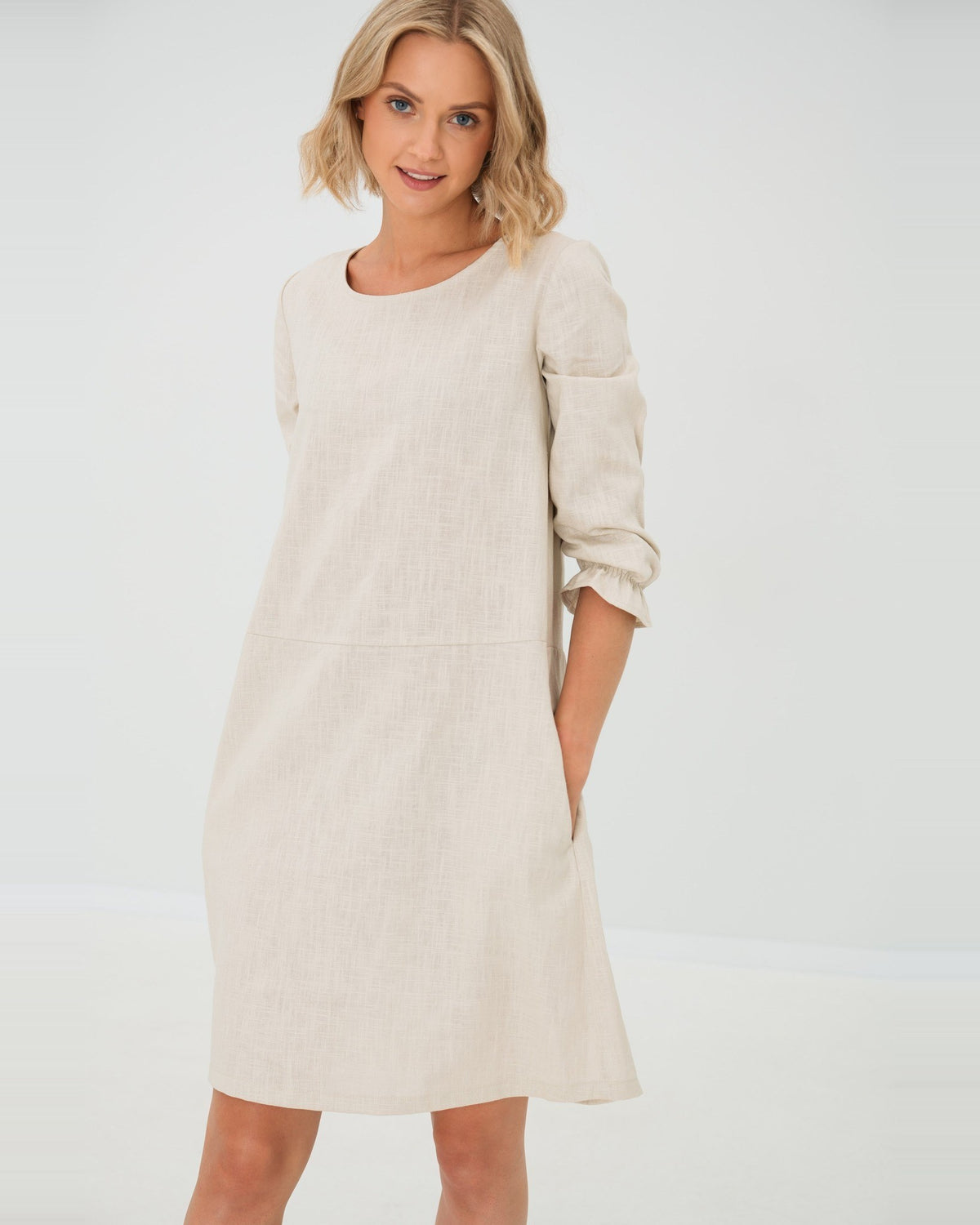 EMMA – Linen Blend Three-Quarter Sleeve Belted Dress – beige dress worn without belt, studio front #Color_Beige