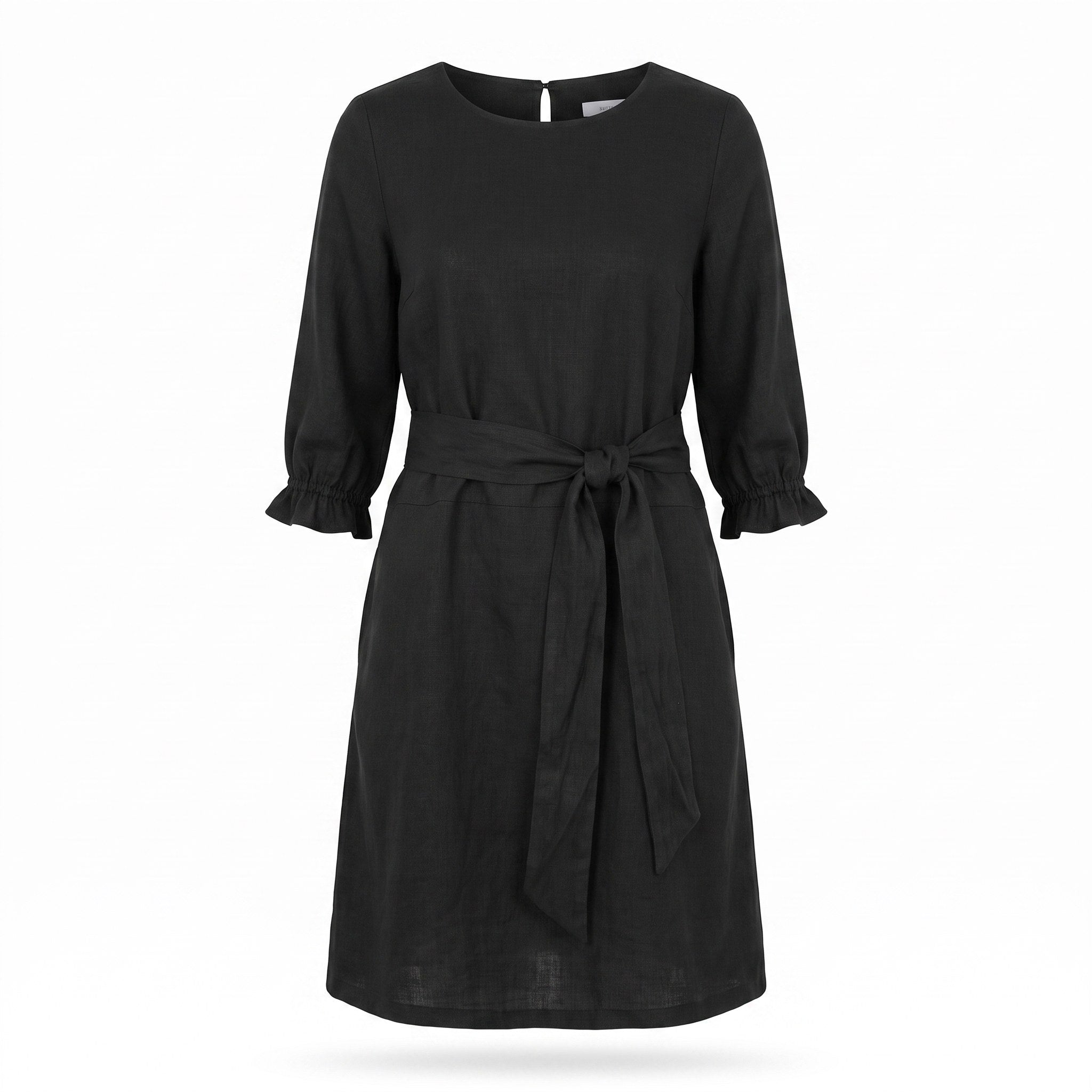 A black linen dress with three-quarter sleeves, ruffled cuffs, and a matching fabric tie belt at the waist, shown against a plain white background.