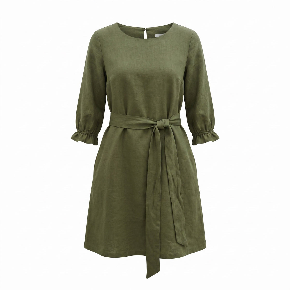 An olive green linen dress with three-quarter sleeves, ruffled cuffs, and a matching fabric tie belt at the waist, shown against a plain white background.