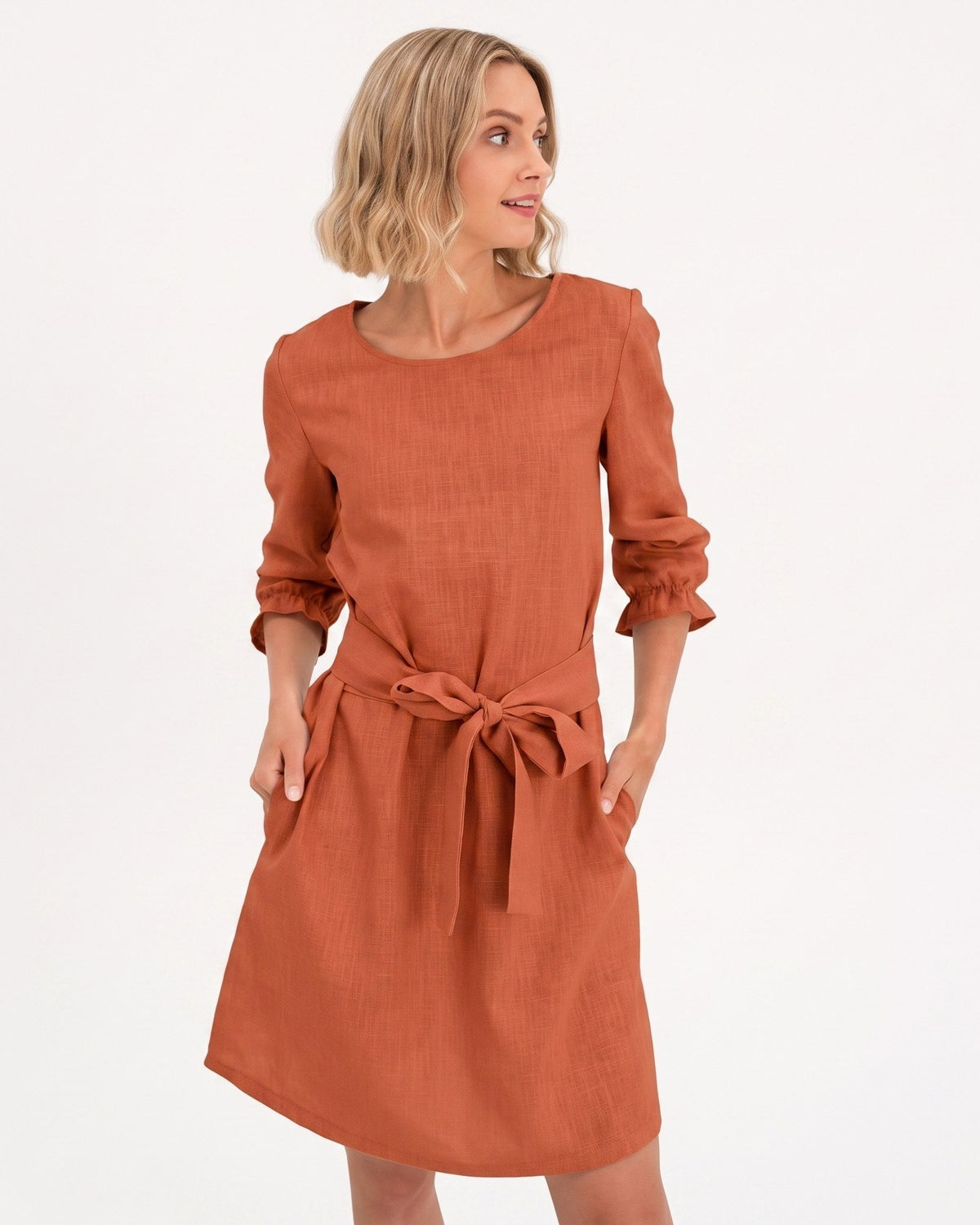 EMMA – Linen Blend Three-Quarter Sleeve Belted Dress – orange dress, studio front with tie belt #Color_Orange