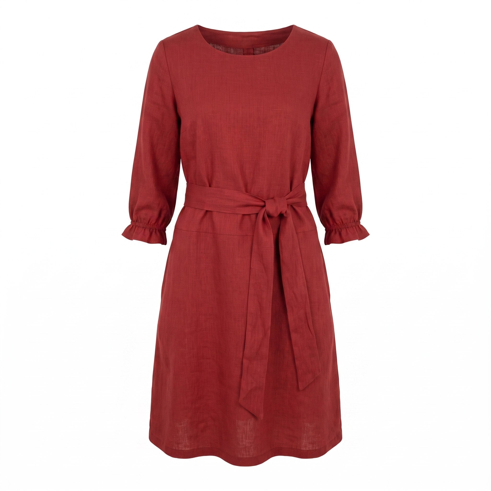 A rust red linen dress with three-quarter sleeves, ruffled cuffs, and a matching fabric tie belt at the waist, shown against a plain white background.