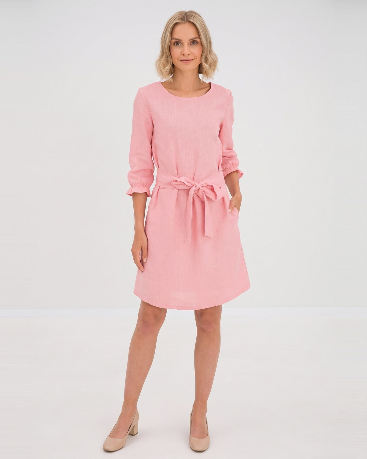 EMMA – Linen Blend Three-Quarter Sleeve Belted Dress – rose dress, studio front, full length, tie belt bow #Color_Rose