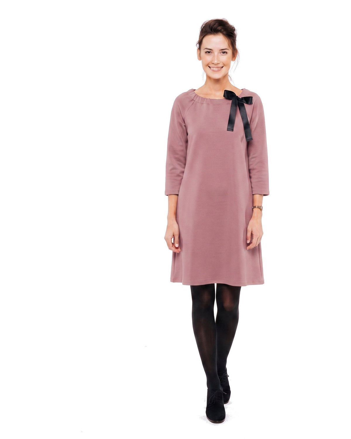 FRENCH – Italian Punto Milano Ribbon Neck A-Line Dress – dusty rose dress, front view: three-quarter sleeve knit A-line dress with a gathered round neckline and black satin ribbon bow, full length on a white background #Color_Dusty rose