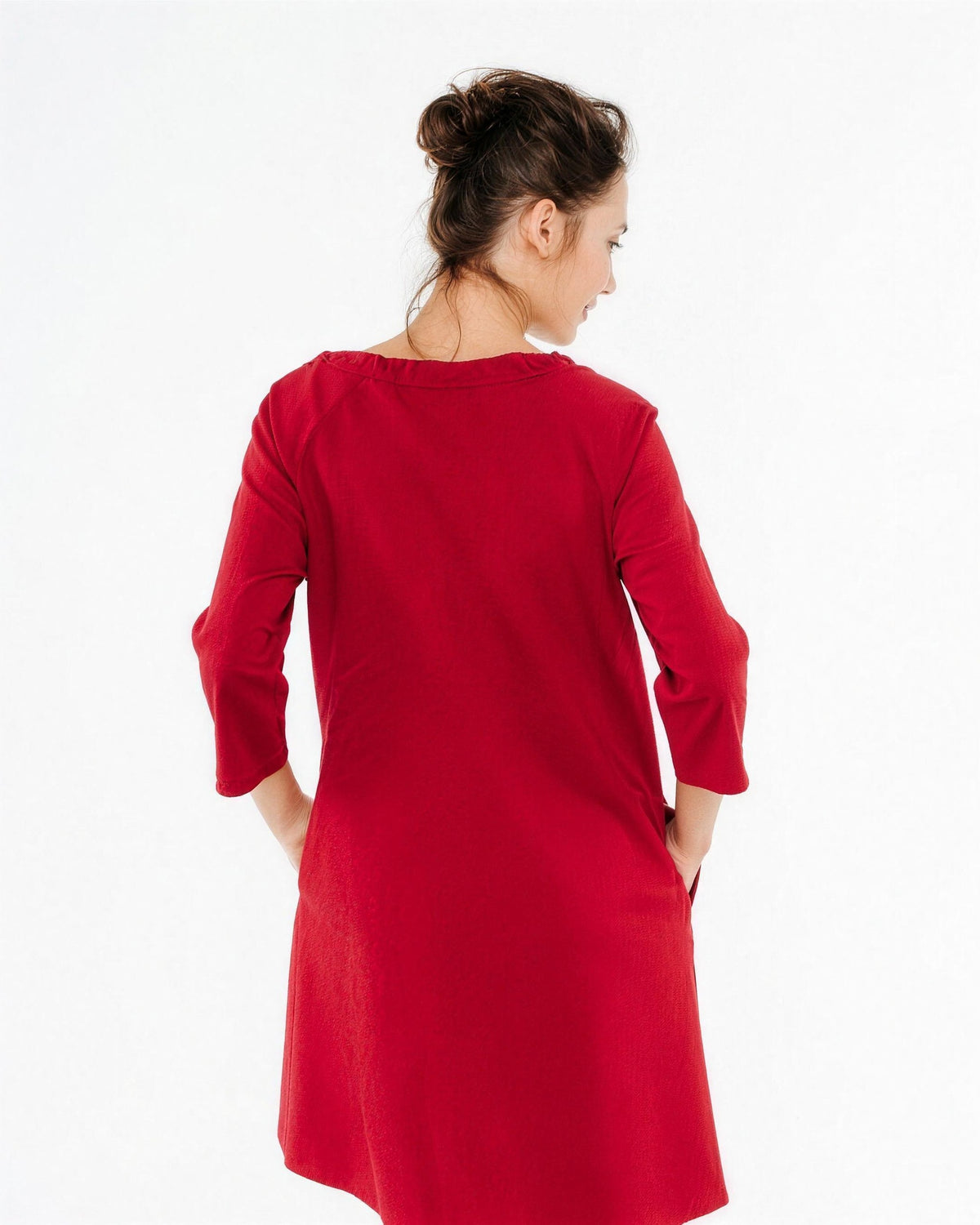 FRENCH – Italian Punto Milano Ribbon Neck A-Line Dress – red dress, back view: raglan three-quarter sleeves and relaxed A-line back, hands in the side pockets #Color_Red