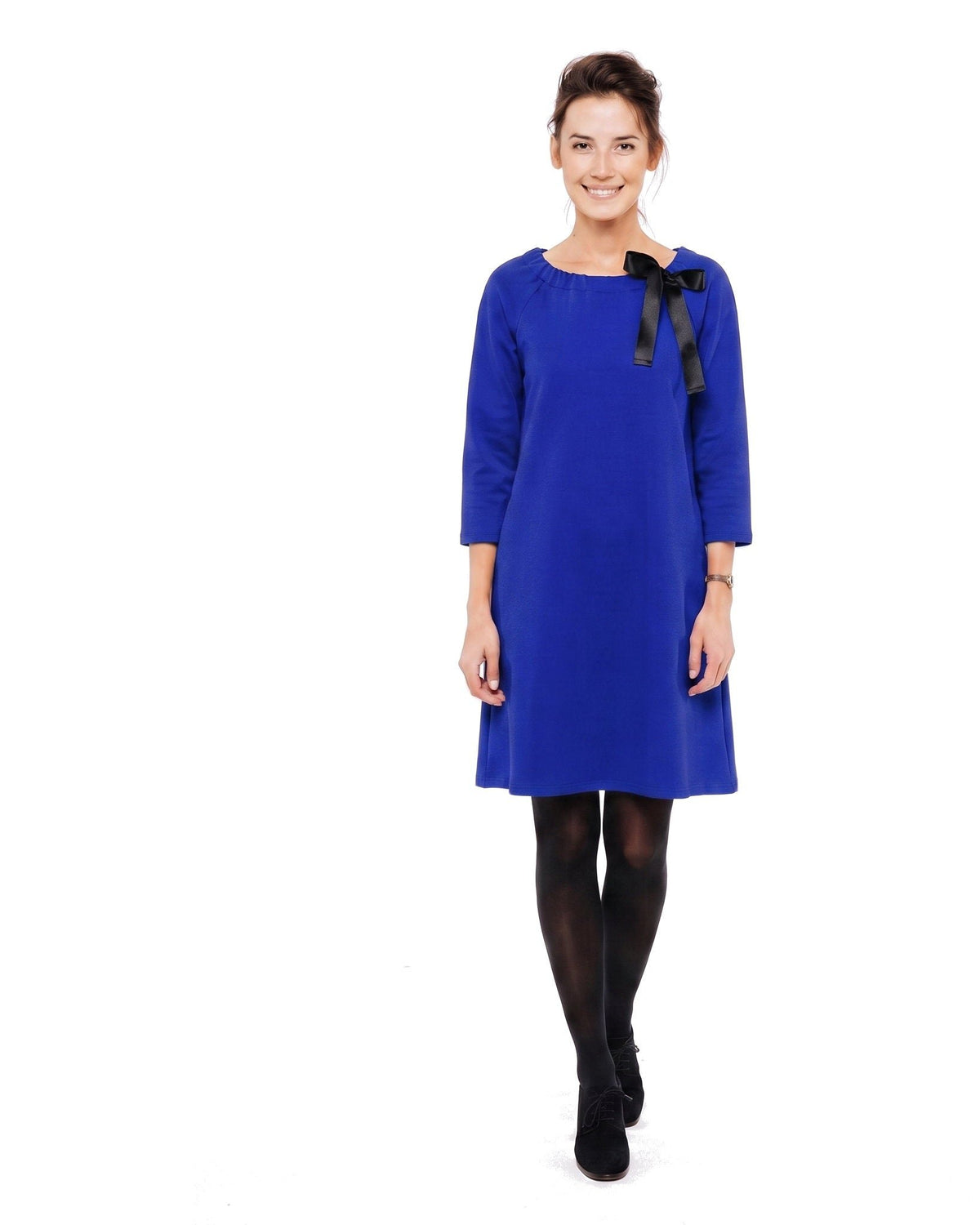 FRENCH – Italian Punto Milano Ribbon Neck A-Line Dress – sapphire blue dress, front view: three-quarter sleeve knit A-line dress with a gathered round neckline and black satin ribbon bow, full length on a white background #Color_Sapphire blue