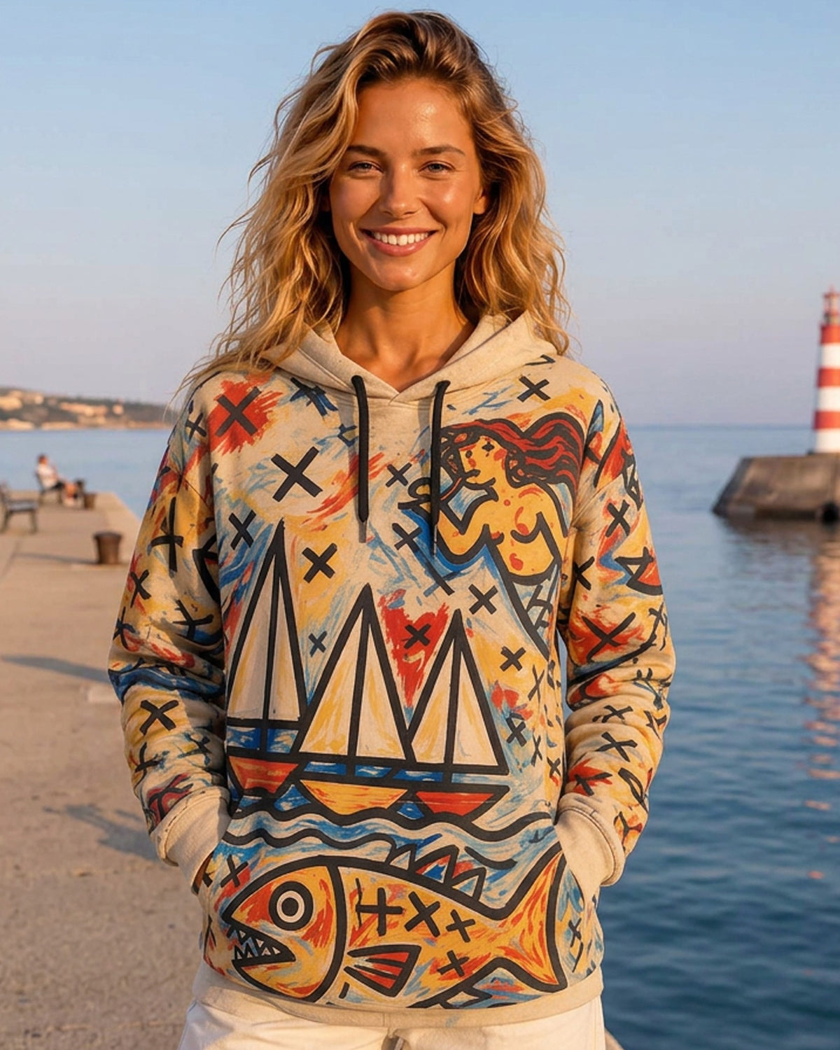 HARBOR – Nida Print Unisex Hoodie – Beige džemperis, lifestyle vaizdas prieplaukoje #Color_Beige