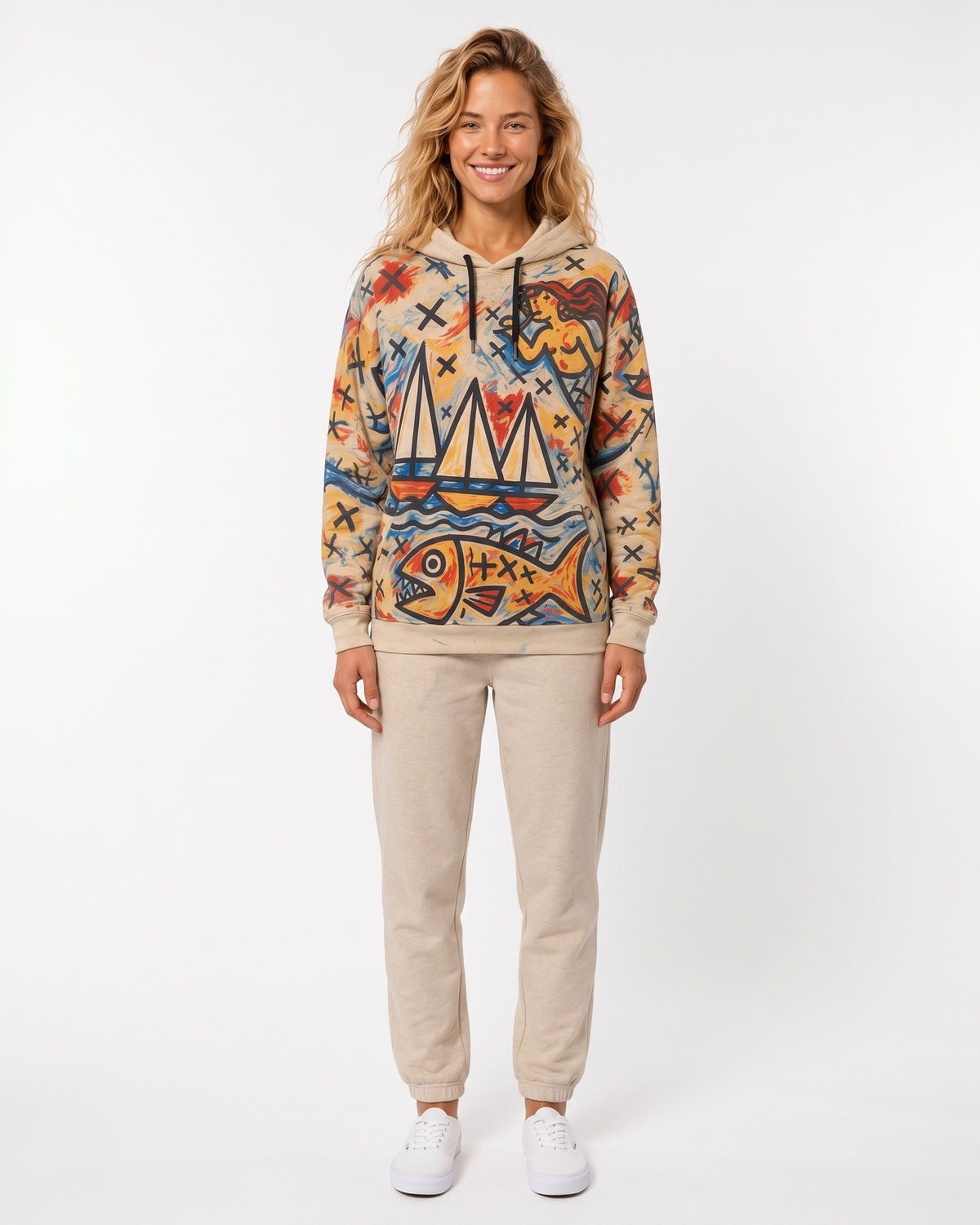 HARBOR – Nida Print Unisex Hoodie – Beige džemperis, priekinis vaizdas, pilnu ūgiu #Color_Beige