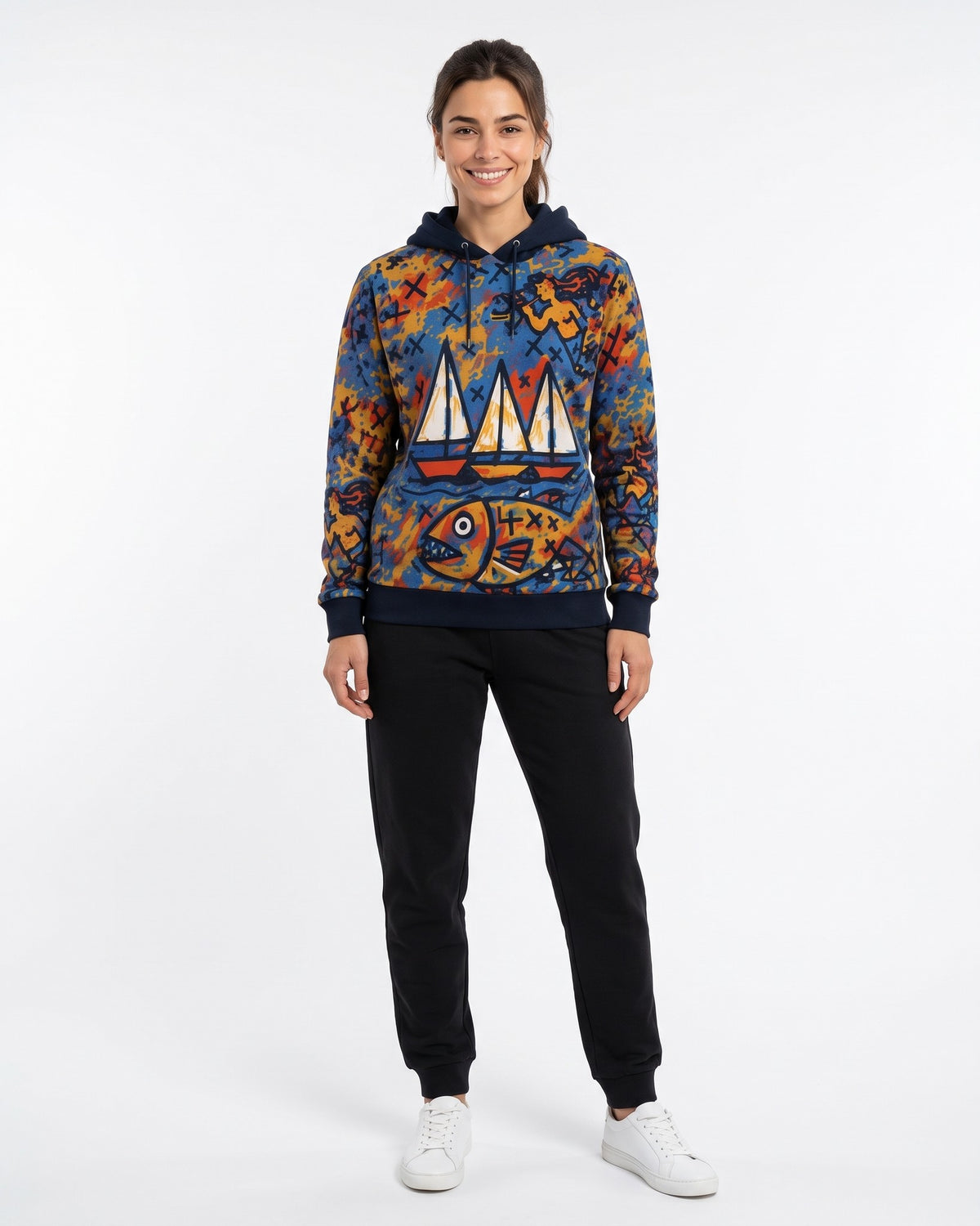 HARBOR – Nida Print Unisex Hoodie – Black džemperis, priekinis vaizdas, pilnu ūgiu #Color_Black