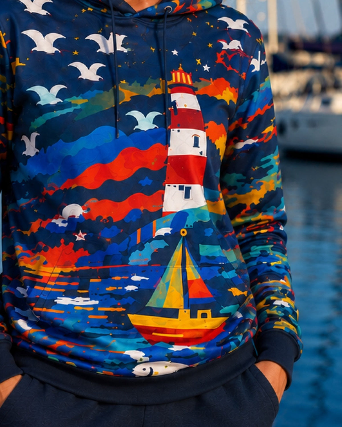 HARBOR – Nida Print Unisex Hoodie – Deep blue džemperis, spausdinto Nida rašto detalė #Color_Deep blue