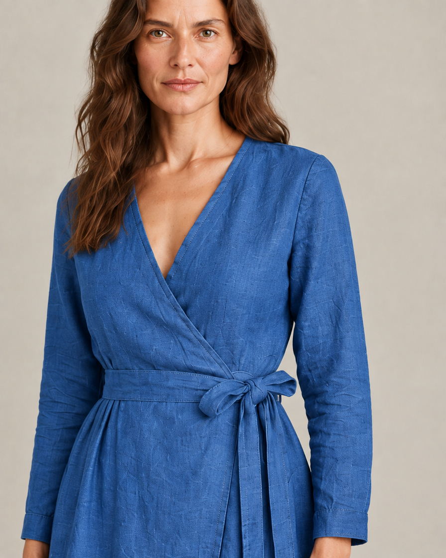 WRAP – mėlyna lininė suknelė, detalė