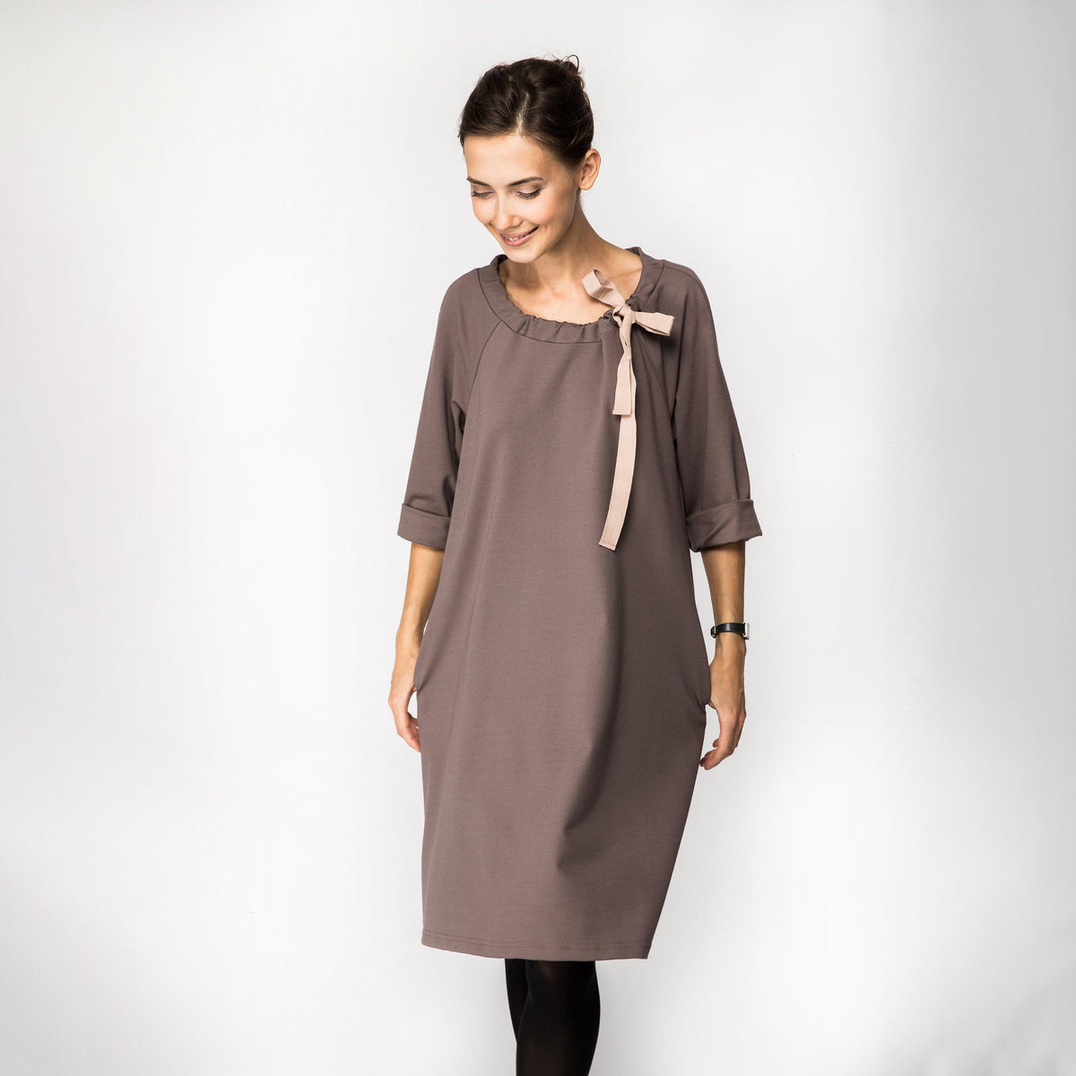 FRENCH – Italian Punto Milano Ribbon Neck A-Line Dress – cacao dress, front view with a beige ribbon bow #Color_Cacao
