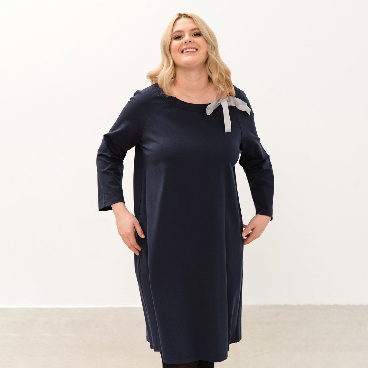 FRENCH – Italian Punto Milano Ribbon Neck A-Line Dress – deep blue dress, front view with a grey ribbon bow at the neckline #Color_Deep blue