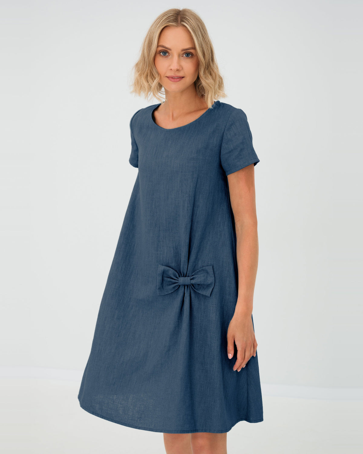 LeMuse SUMMER KISS linen dress in blue – studio front view #Color_Blue