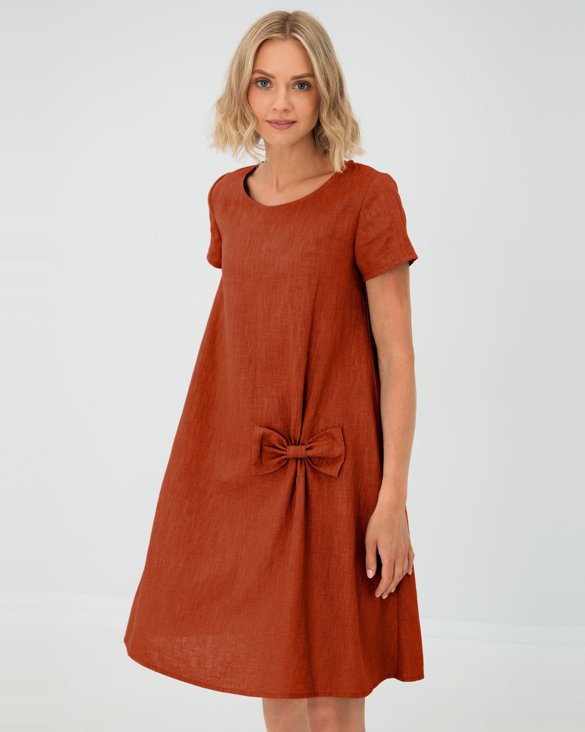 LeMuse SUMMER KISS linen dress in orange – studio front view #Color_Orange
