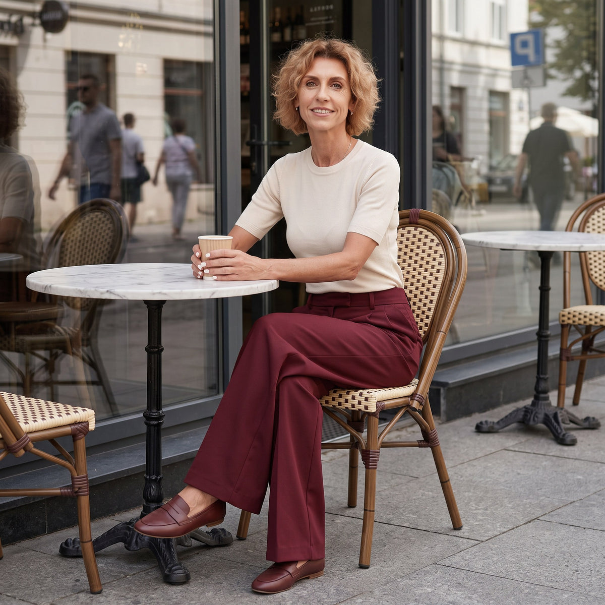 A woman sits at a round outdoor cafe table wearing a cream short-sleeve top, burgundy wide-leg trousers, and brown loafers, holding a coffee cup in front of a storefront window.