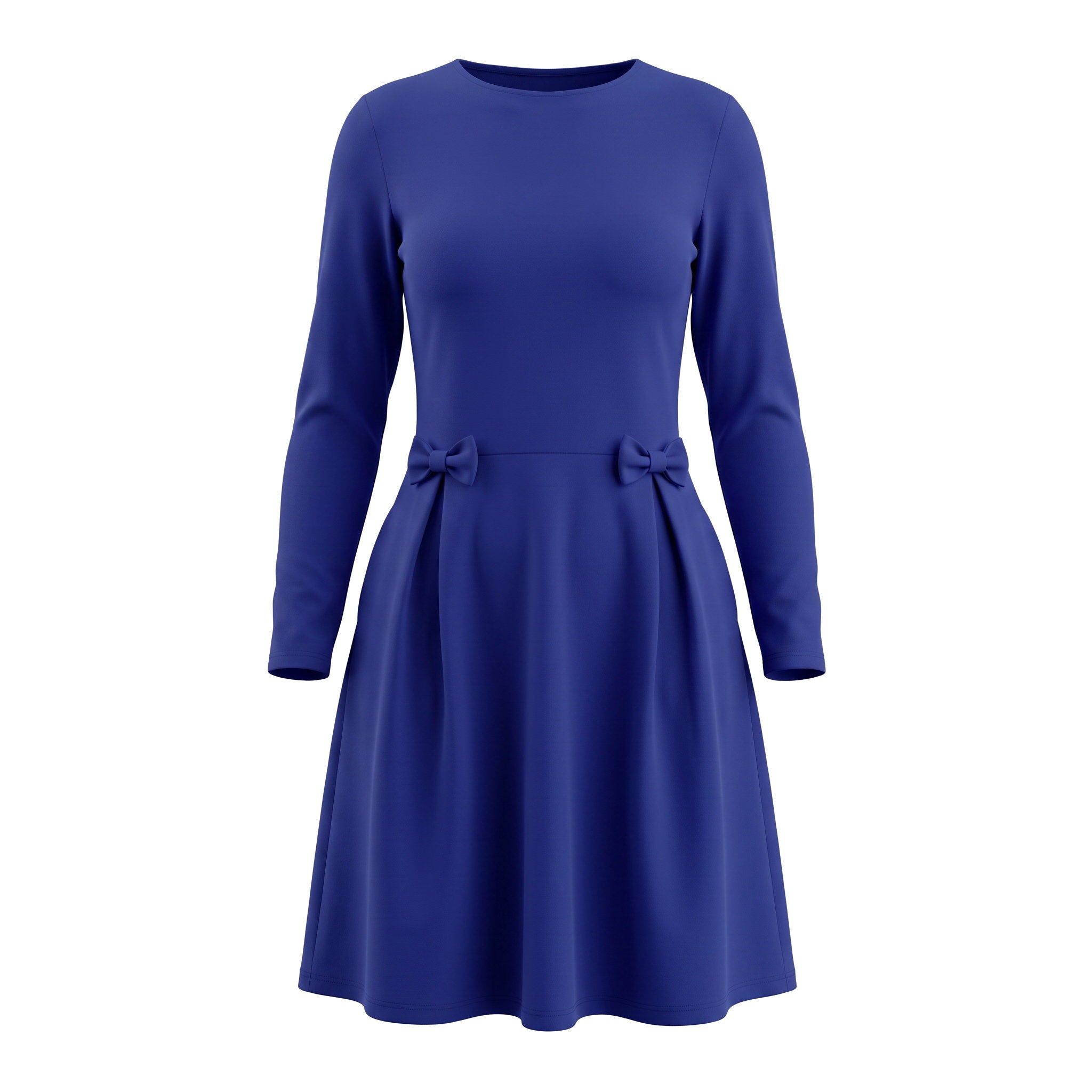 A royal blue long-sleeve knee-length dress with a structured waist and bow details.