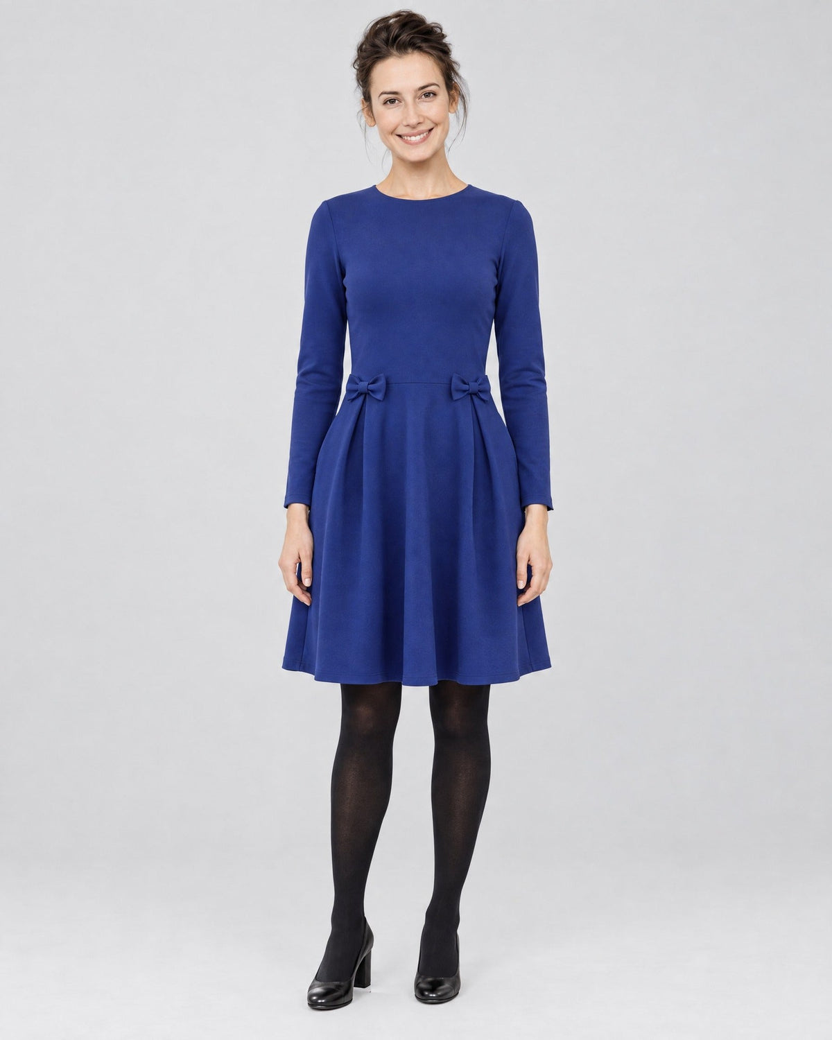 MADMUAZEL Punto Milano dress in sapphire blue, front view, full length, long sleeves, round neckline, waist bows and side pockets #Color_Sapphire blue