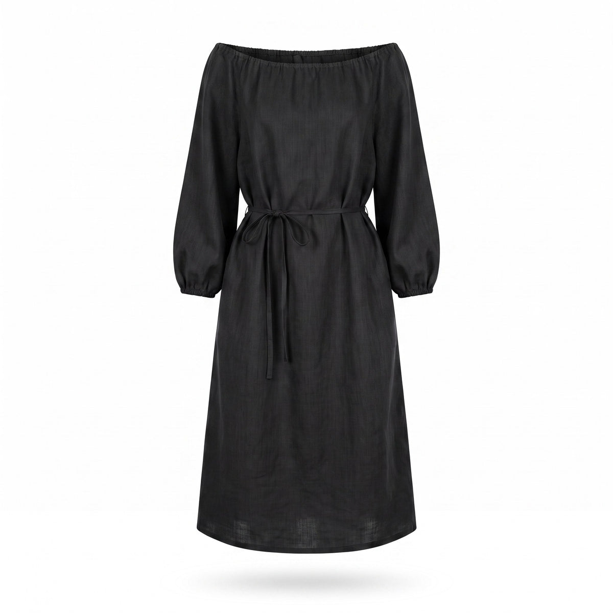 A black off-the-shoulder midi dress with three-quarter balloon sleeves and a matching fabric tie belt at the waist, shown against a plain white background.