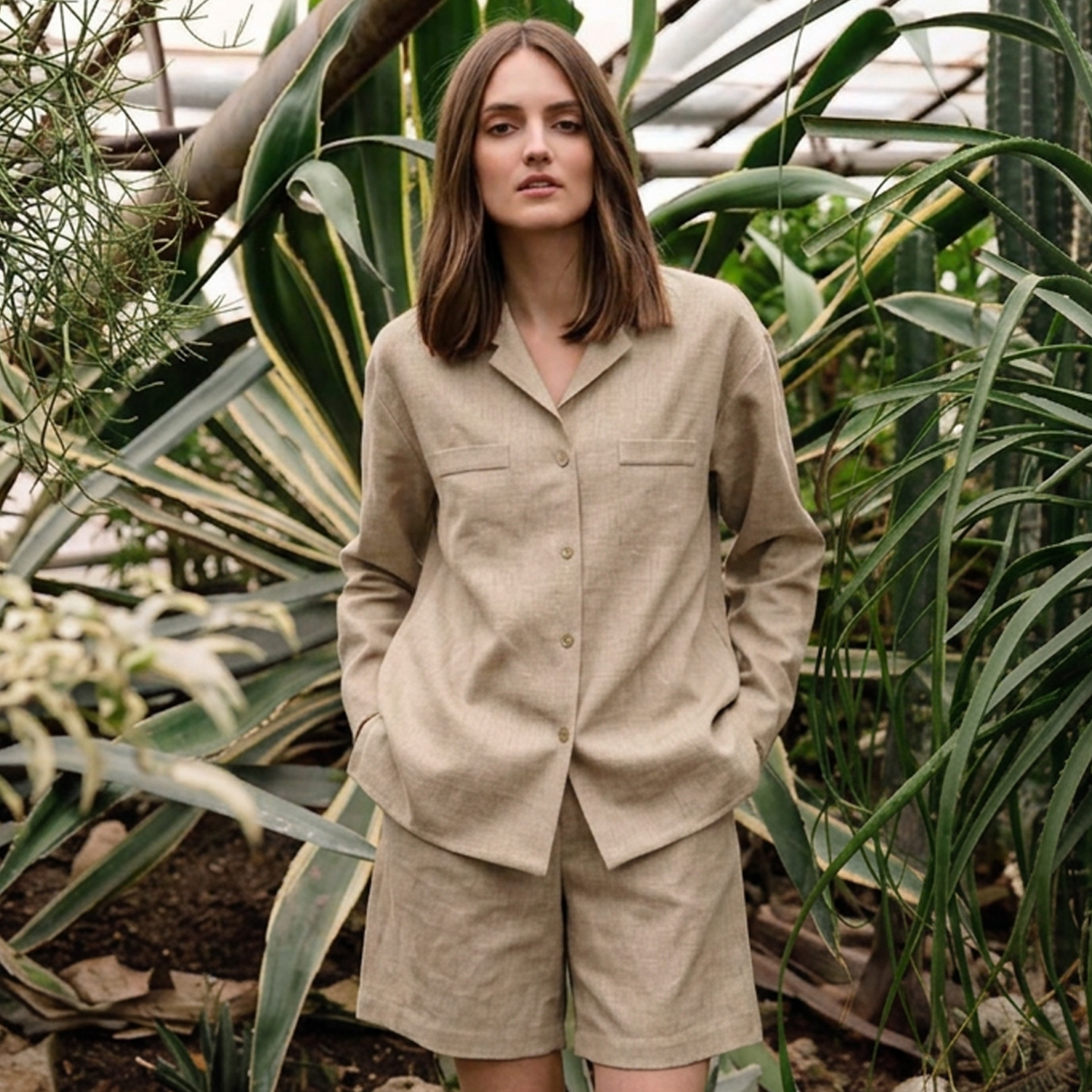 OASIS – Linen Blend Camp Collar Shirt — Beige