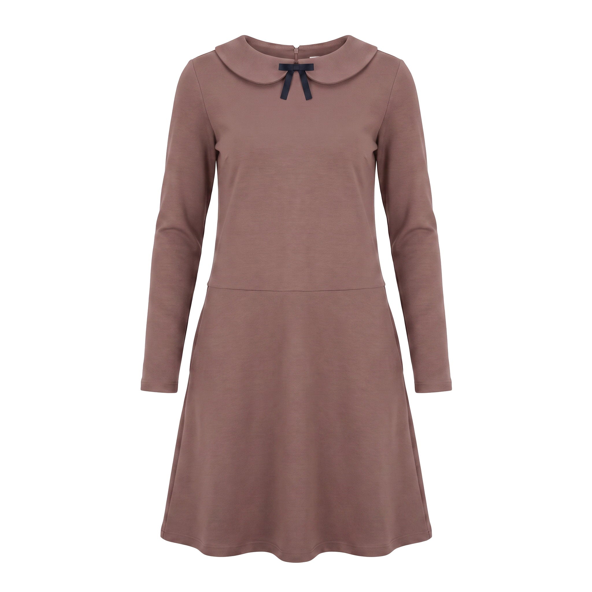 A long-sleeve A-line dress in a dusty mauve-brown color with a small dark navy bow at the neckline, shown against a plain white background.