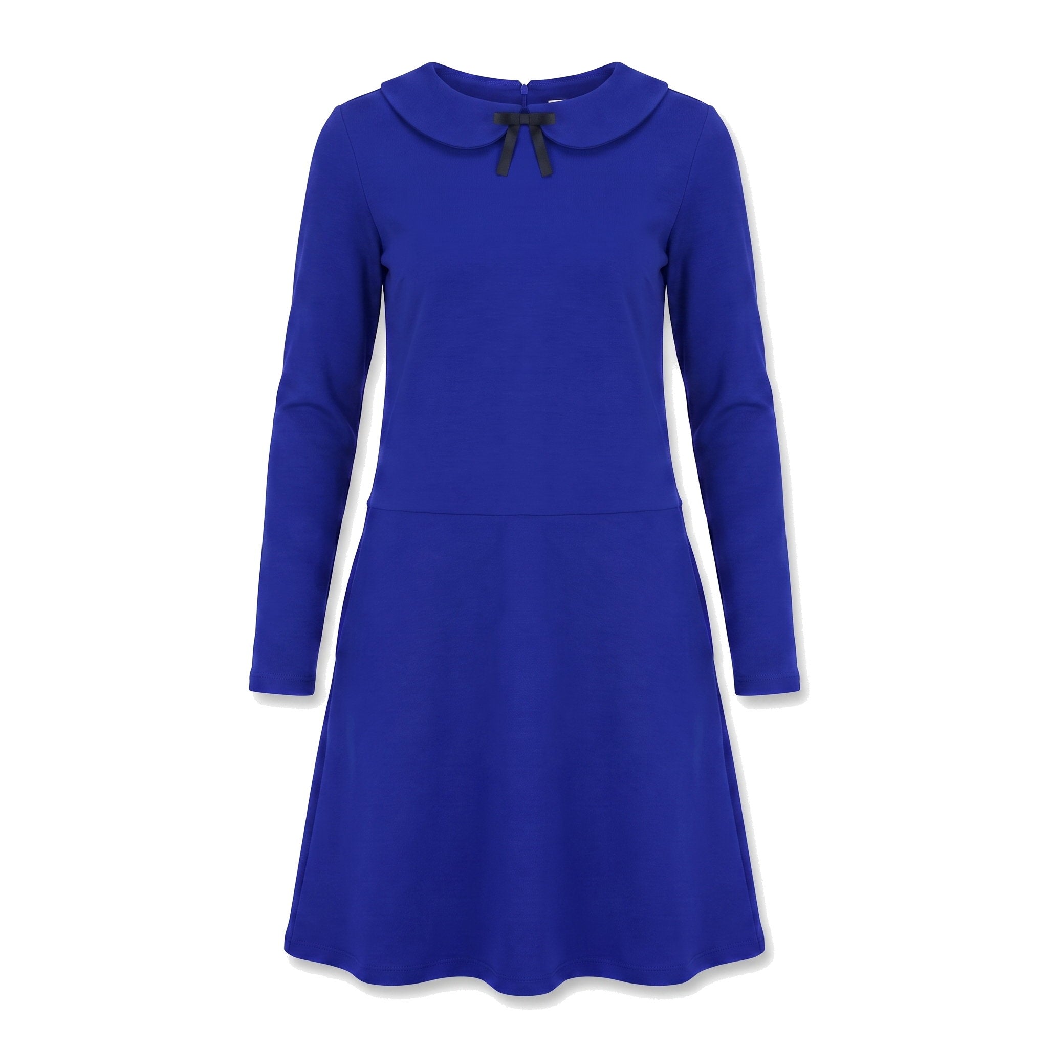 A long-sleeve A-line dress in a blue color with a small dark navy bow at the neckline, shown against a plain white background.