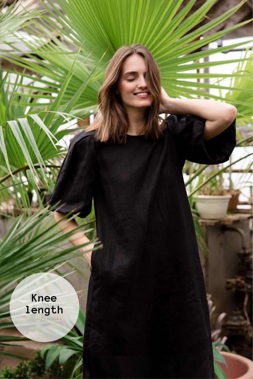 CHARM — Stonewashed Linen Dress, Open Back, Puff Sleeves