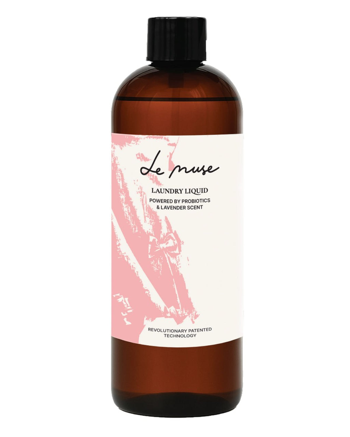 Le Muse Concentrated Probiotic Laundry Liquid – amber glass bottle with pink and white label, front view on white background