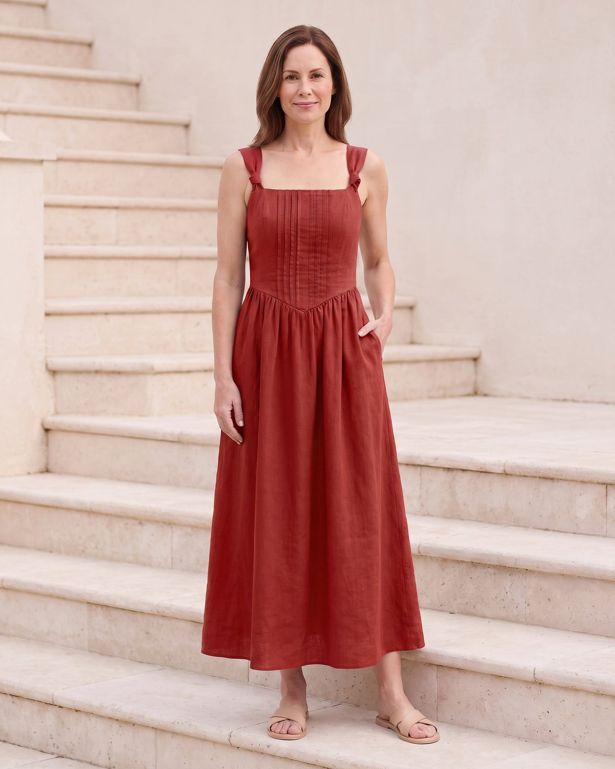 SERENADE – raudona lininė suknelė, laiptai #Color_Red