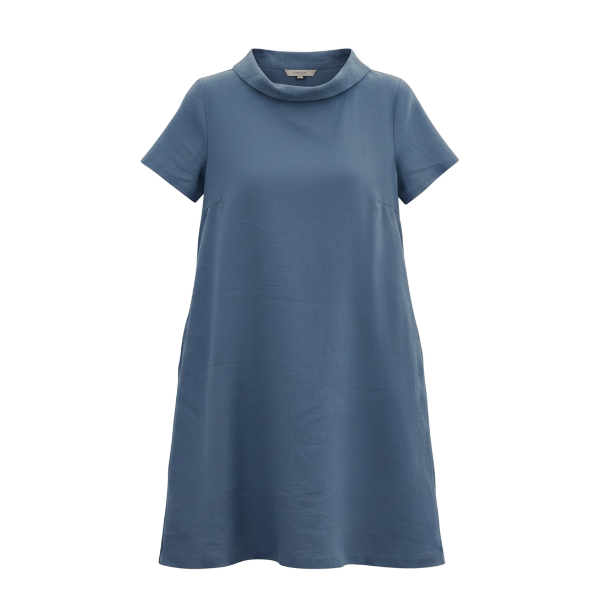 A blue short-sleeve dress with a wide collar and bow detail on the back.