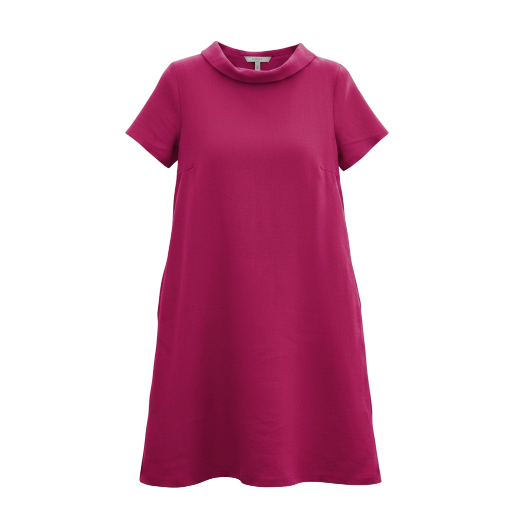 A pink short-sleeve dress with a wide collar and bow detail on the back.