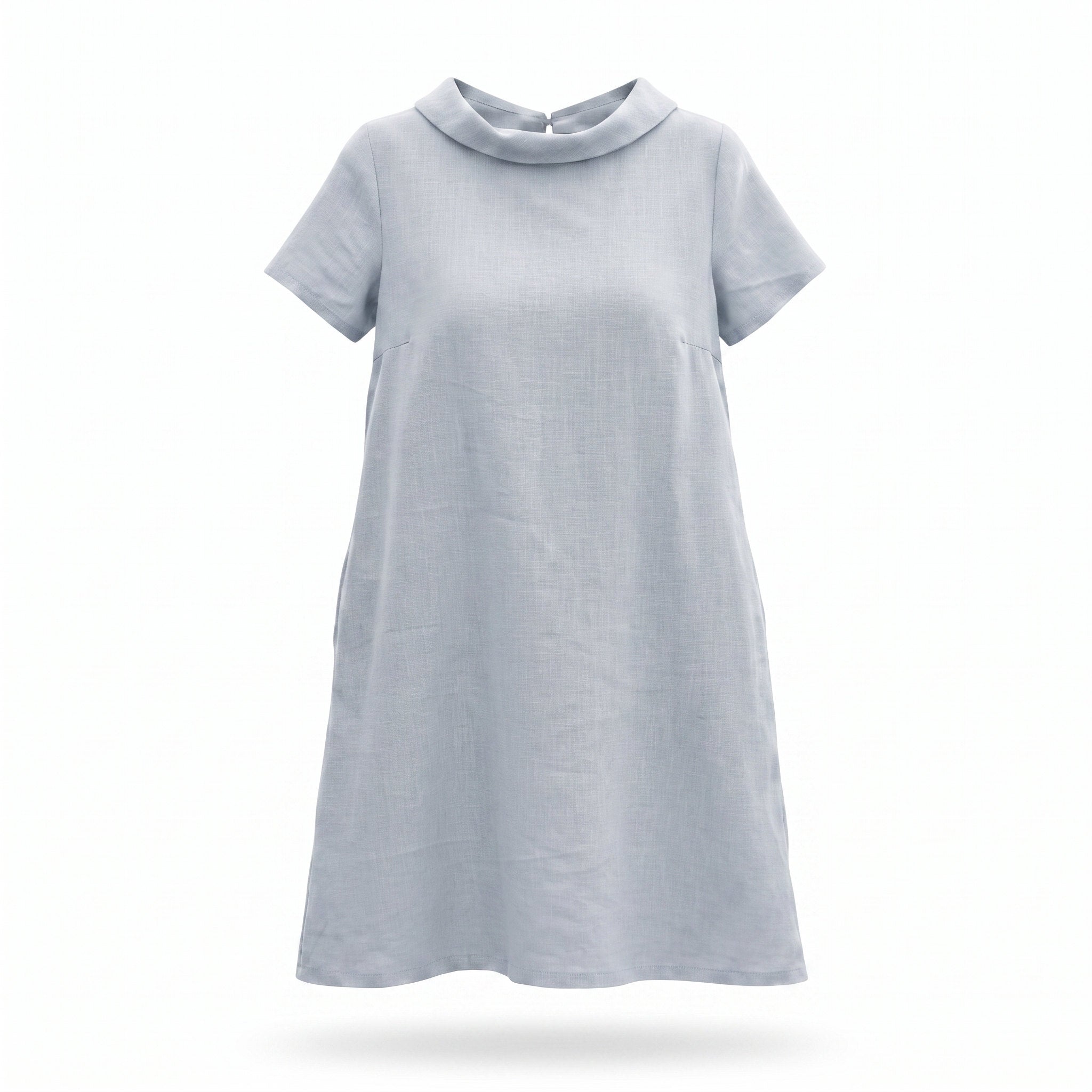 A light blue short-sleeve dress with a wide collar and bow detail on the back.